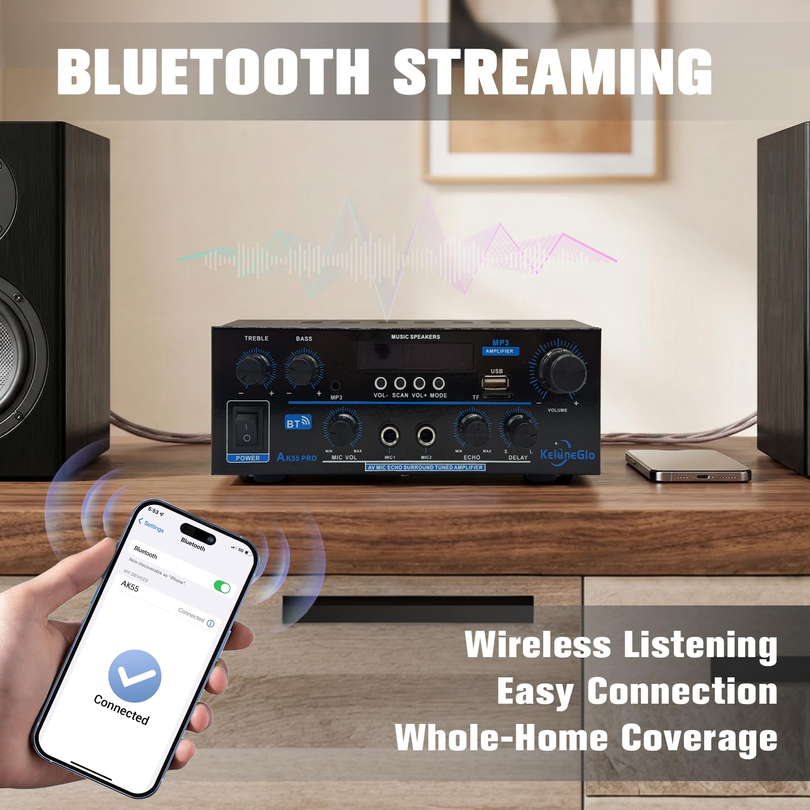 KG AK55 PRO Home Audio Amplifier Receiver — Dual-Channel (Max 500W / RMS 25W x 2) Stereo Amplifier, Bluetooth 5.0 Speaker Amp, Supports FM Radio/USB/SD Card Playback, Includes Remote Control 3