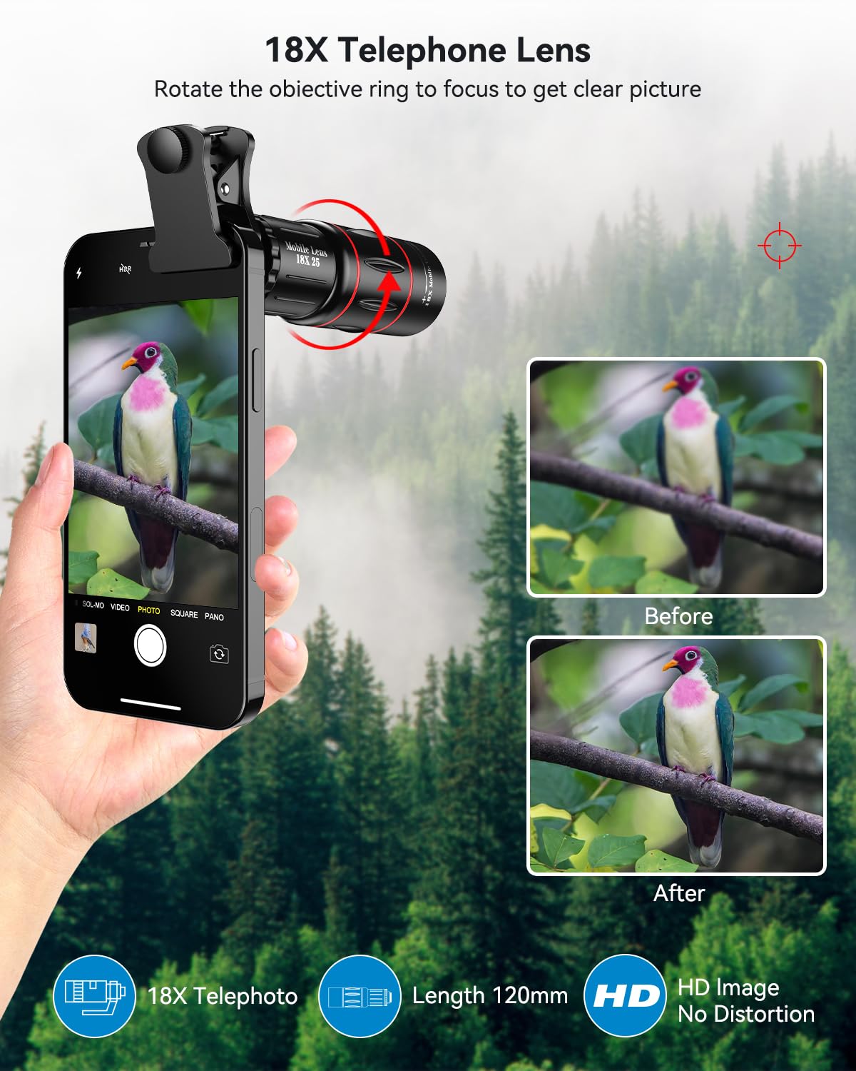Evil Eye 18X Telephoto Lens, HD Telephoto Mobile Cell Phone Lens with Tripod, BAK4 Prism/FMC Lens, Lens Attachment for Android & iPhone, Samsung and Most Smartphone 5