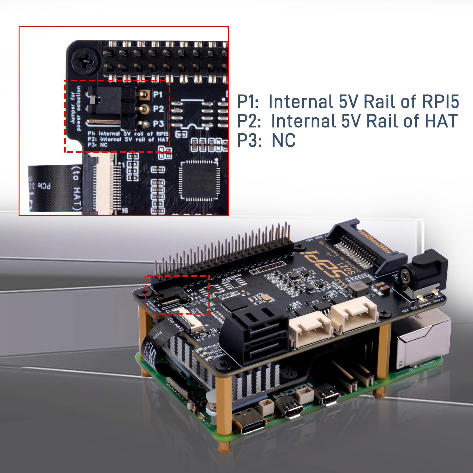 GeeekPi S021 SATA 3.0x2 for Raspberry Pi 5, with Active Cooler and 12V 6A Power Supply 6