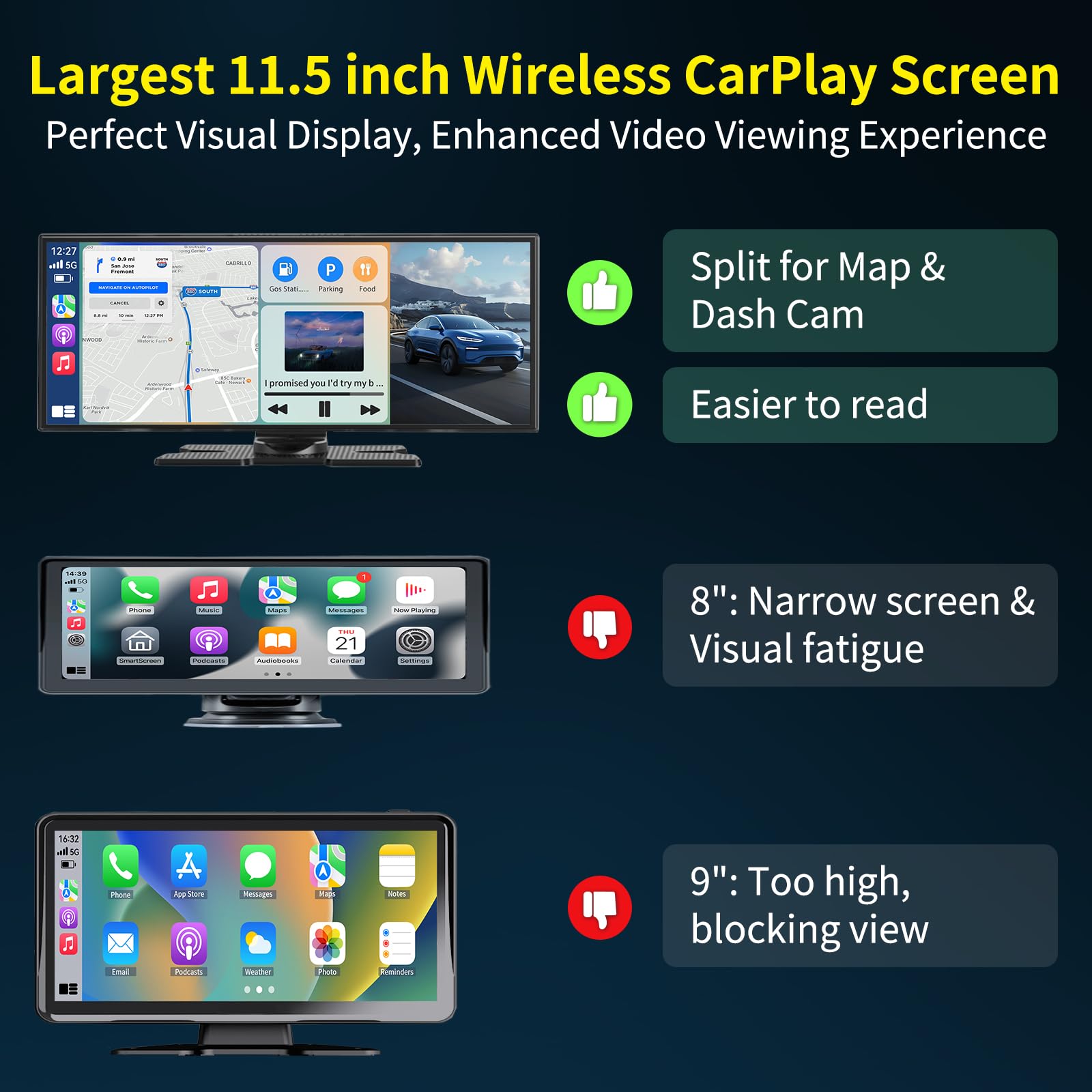 Largest 11.5 inch Wireless CarPlay Screen for Car, A-pple CarPlay & Android Auto HD Touchscreen with 4K Dash Cam/1080P Backup Camera/Navigation/Bluetooth/Voice Control/FM/Mirror Link,for All Vehicles 4