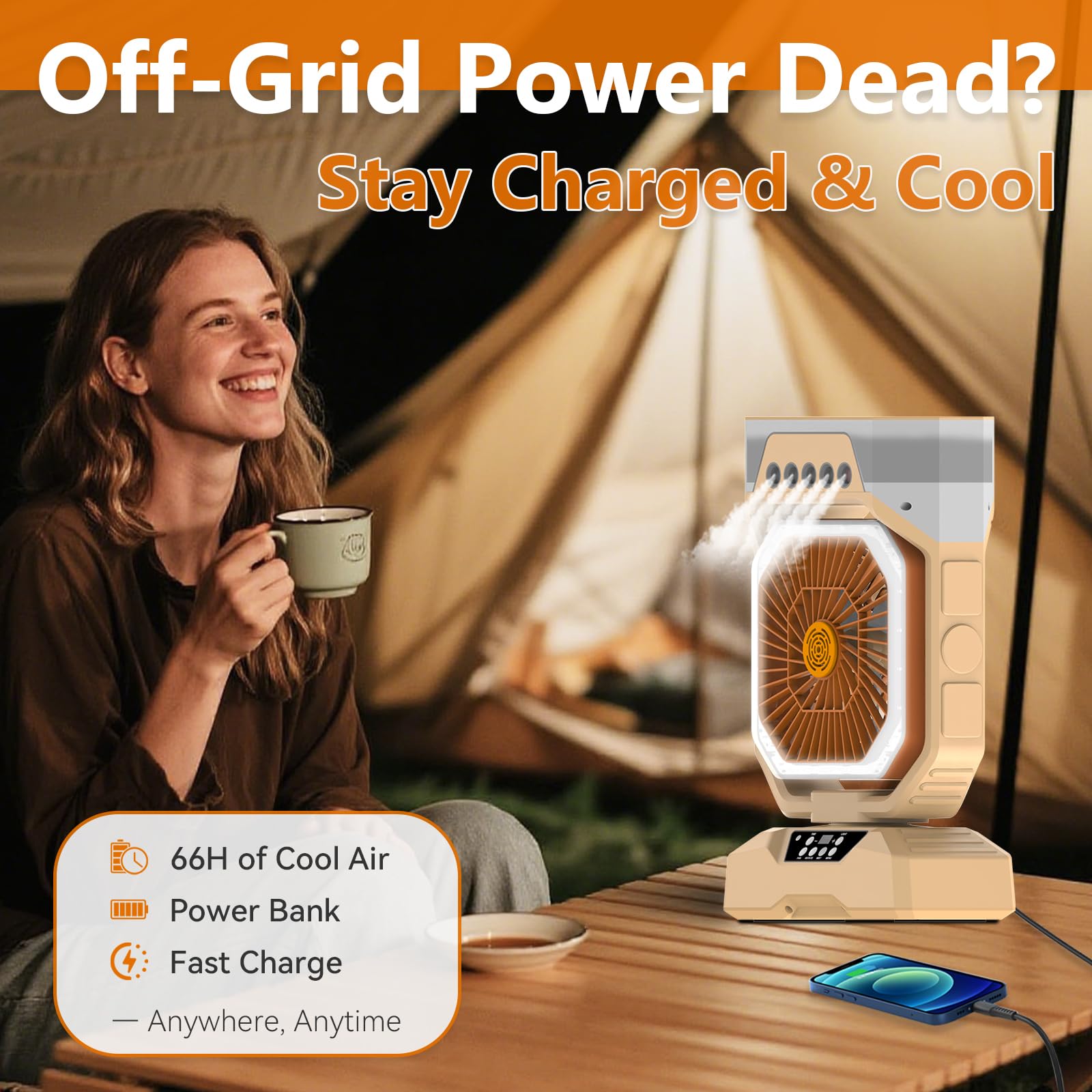 Weljoy Rechargeable Mist Fan with 5 Spray Nozzles, 27000mAh Power Bank Battery, LED Light, Aroma Diffuser, Remote & Oscillation – Stay Cool Anywhere Indoors or Outdoors (Biege) 4