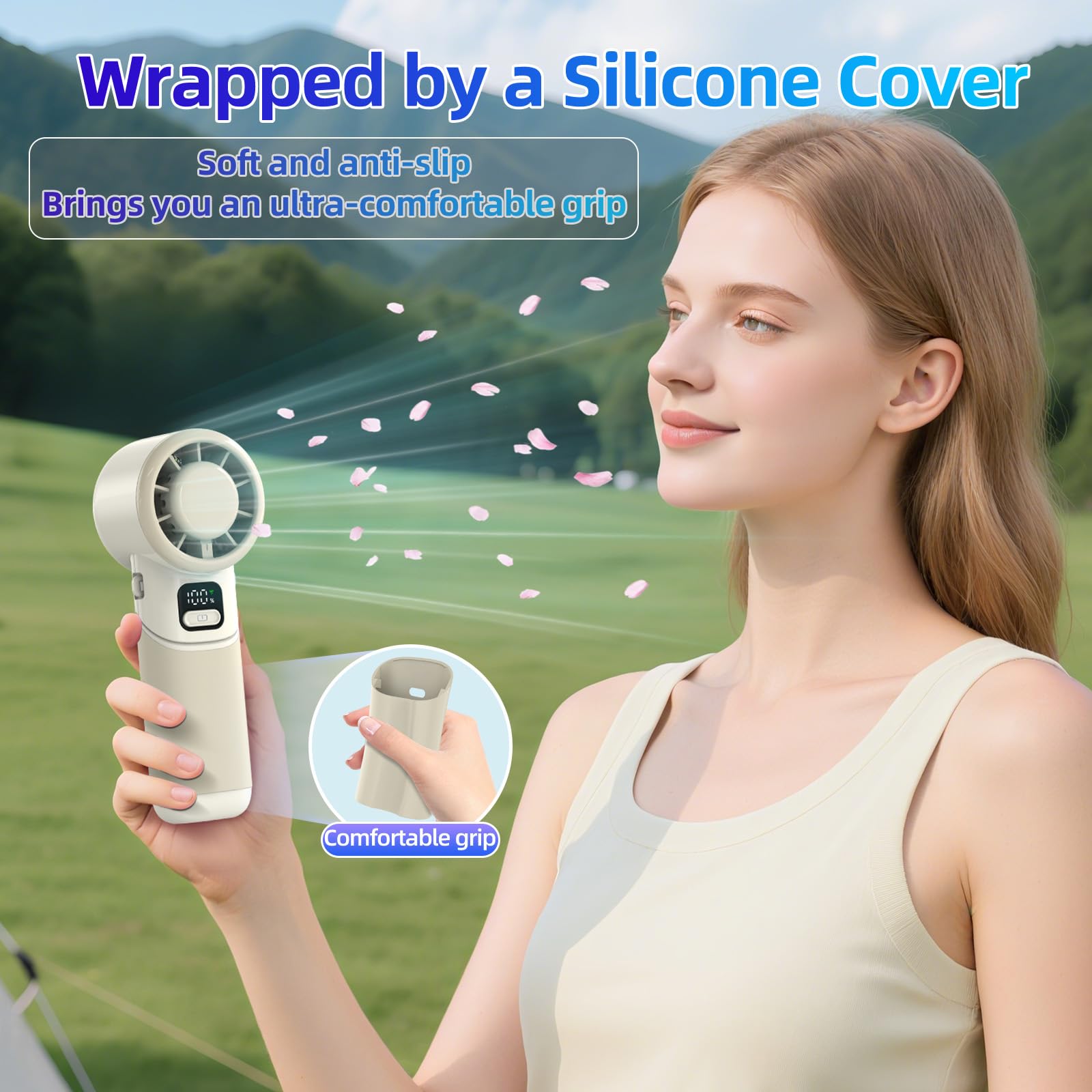 Aordeep Portable Handheld Turbo Fan, 4000mAh Rechargeable Mini Personal Fan, 5 Speeds, USB-C 90° Adjustable Desk Fan, Aroma Diffuser, Up to 12H Cooling for Travel, Office, Makeup, Beach, Cream Beige 6