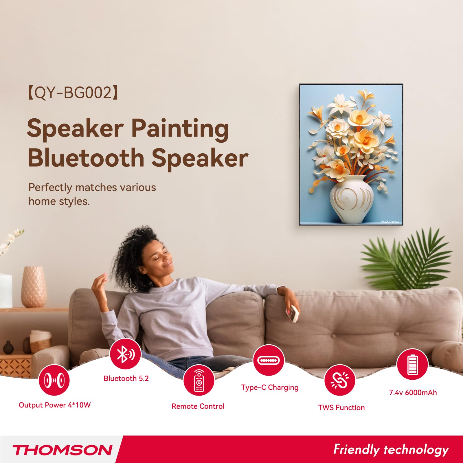 THOMSON Wireless Bluetooth Speakers with Remote Control,Art Painting Decoration Speakers Wall Mounted,Built-in Battery, Suitable for Bedroom, Office, Living Room, Hotel, Restaurant 4