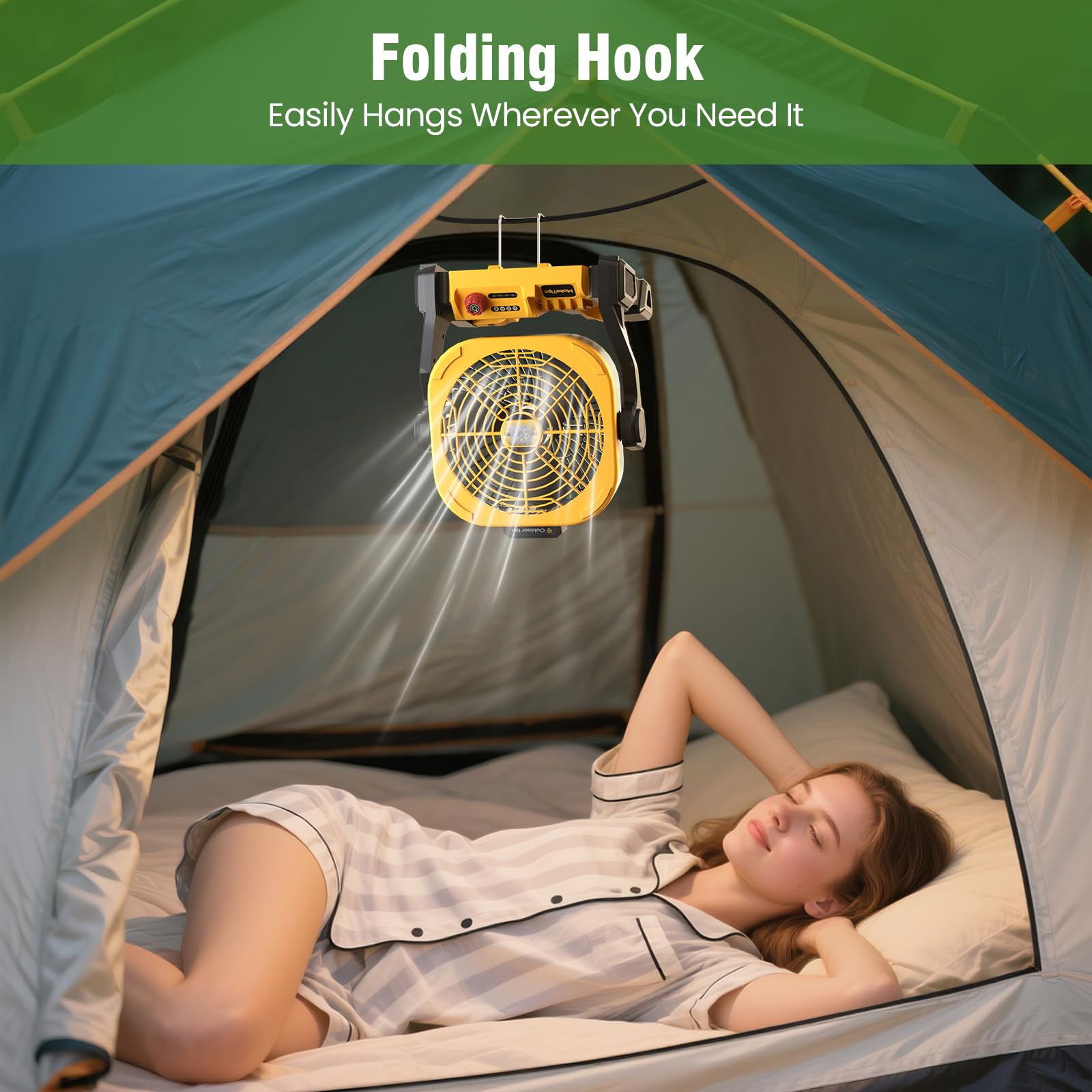 MakeTips Battery Operated Fan for DeWalt 20V Max Battery (Not Included) – High Airflow Portable Cordless Camping & Jobsite Fan with 4 Speeds, AC Adapter, LED Lights & Hanging Hook for Outdoor Use 6