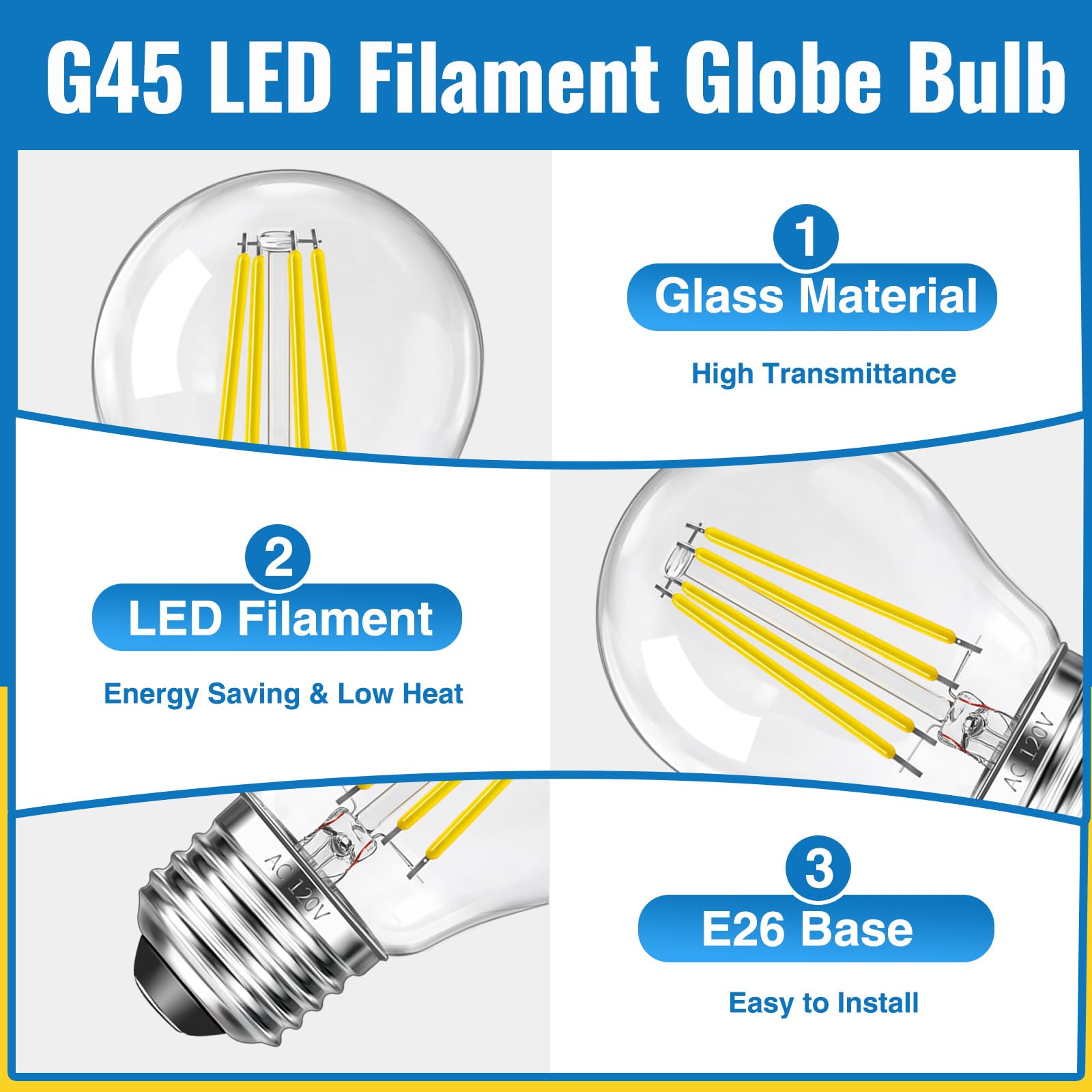 G45 LED Edison Filament Bulb 4W (40 Watt Equivalent), 5000K Daylight LED Refrigerator Light Bulb, E26 Base Clear Glass Small Globe Light Bulbs for Pendant Lights & Chandeliers, Non-Dimmable, 2 Pack 5