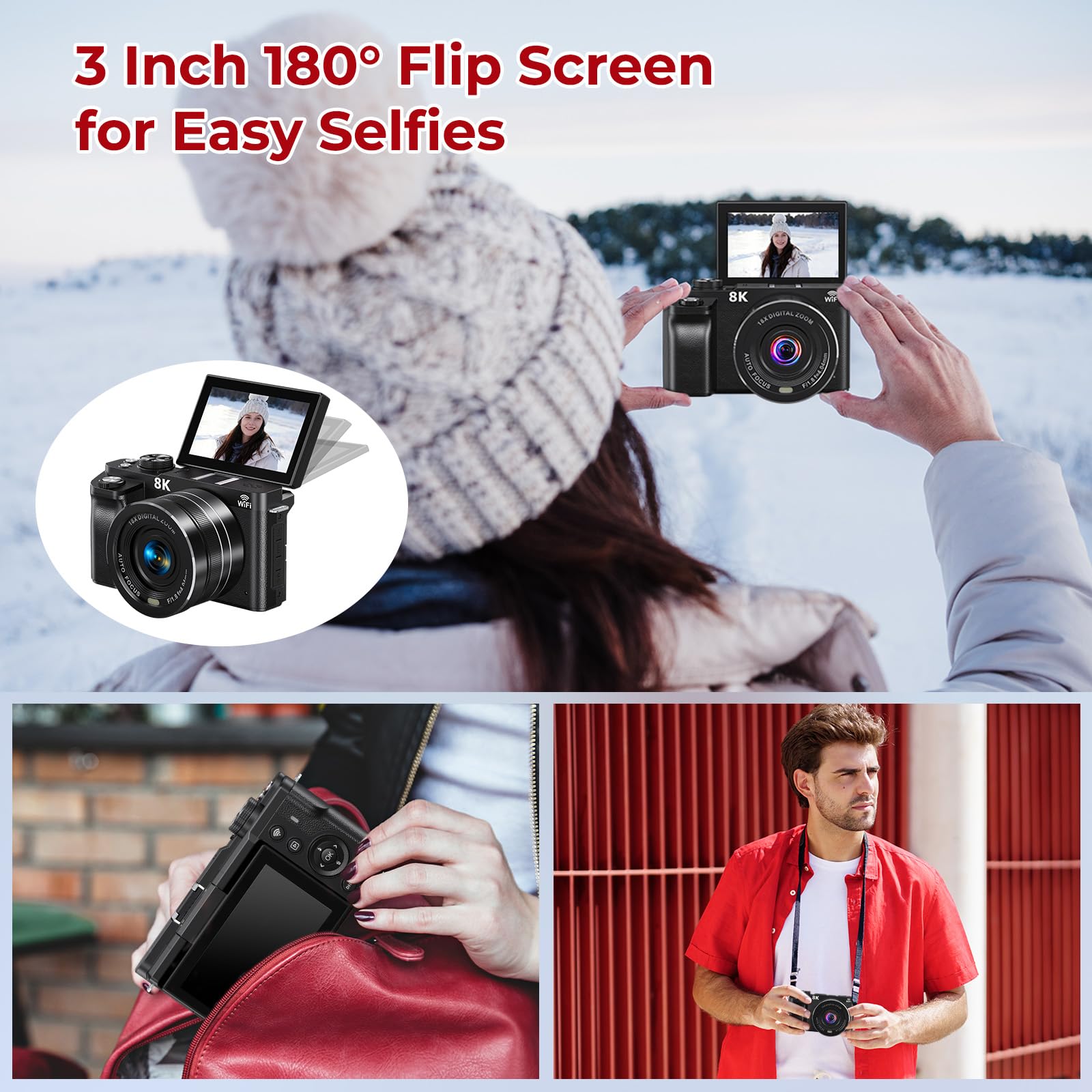 8K Digital Cameras for Photography - 88MP Autofocus Vlogging Camera for YouTube with 3" 180° Flip Screen - UHD Video Camara Gifts for Beginner Photographer with 18X Zoom, Lens Hood, 64GB Card 5