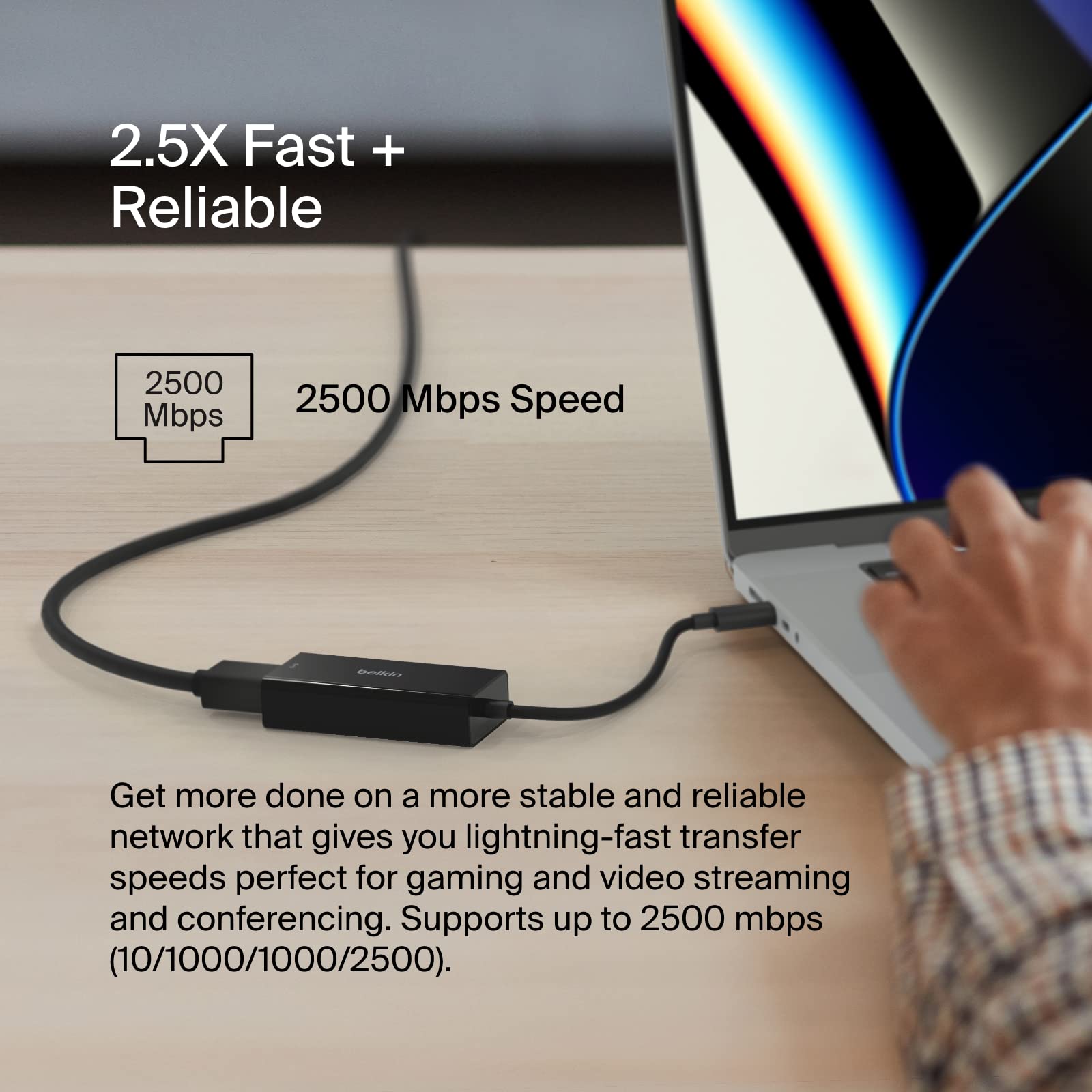 Belkin USB Type C to 2.5 Gb Ethernet Adapter, USB-IF Certified Thunderbolt 3 & 4 / USB-C to LAN Network Adapter Compatible with MacBook Pro/Air, iPad Pro, XPS, Surface, and Other USB C Devices 3