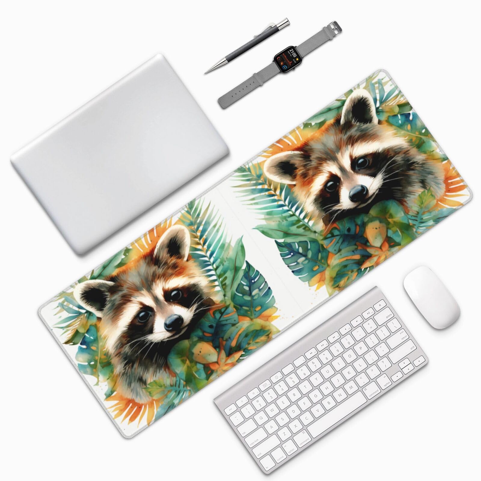 Famame Laptop Mouse Pad Tropical Leaves Raccoon Desk Mat with Stitched Edges 31.5X 11.8 inch Non-Slip Large Keyboard Rubber Writing Table Mat for Office Home 2