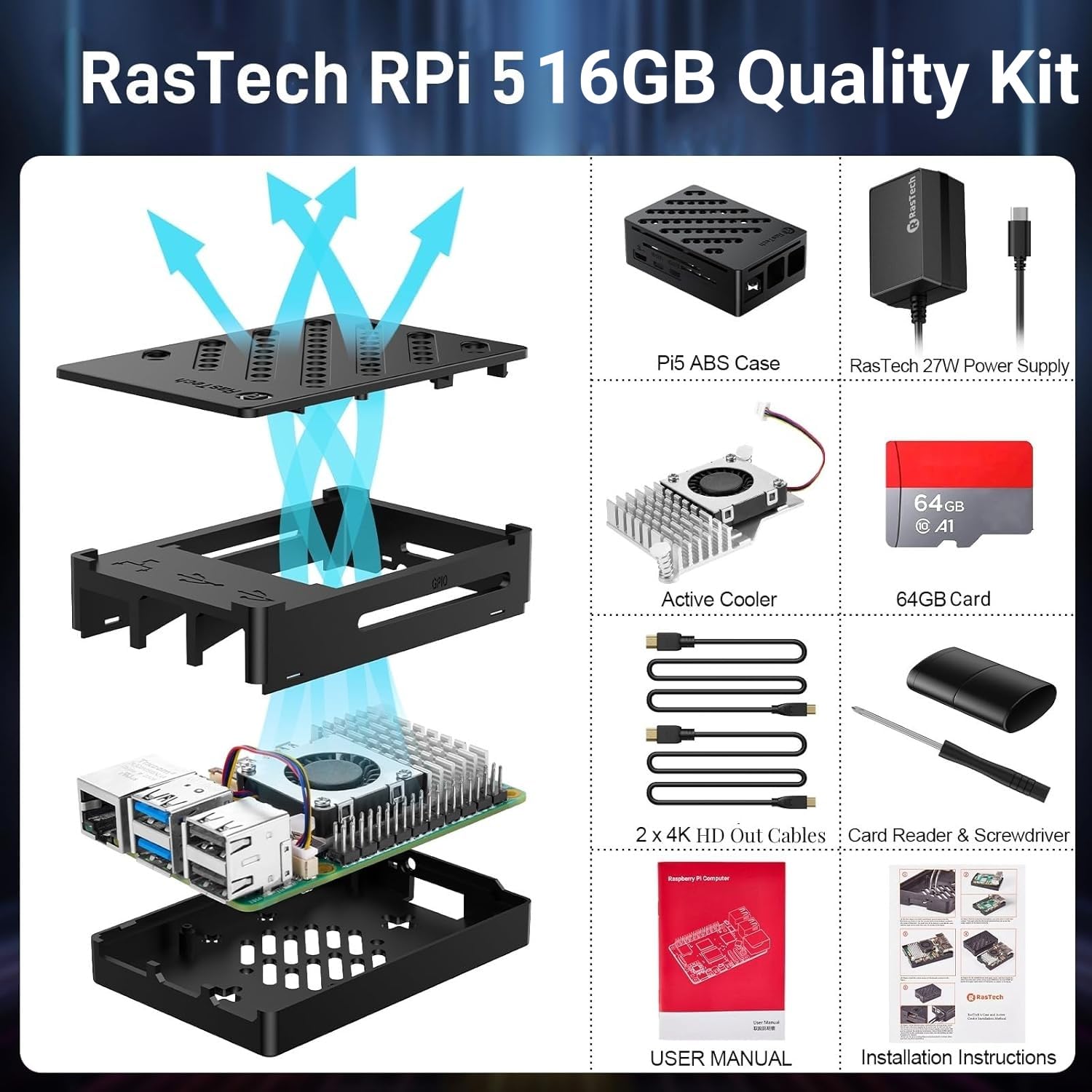 RasTech Raspberry Pi 5 16GB Kit 64GB Edition with Active Cooler,GaN 27W 5.1V5A USB-C Power Supply,Pi5 16GB Board,64GB Card Readers Kit, Case for Pi 5,Dual 4K Micro HD Out Cables and User Manual 3