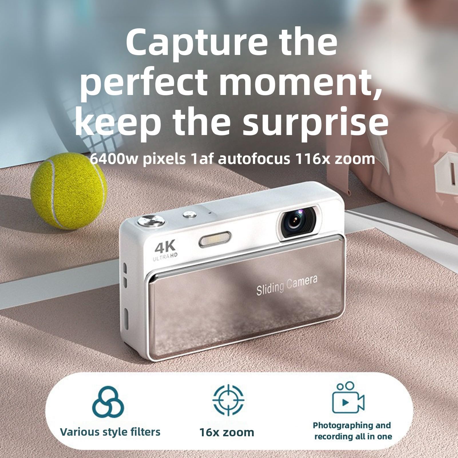Bewinner 4K Digital Camera - 64MP Retro Sliding Camera with 2.8 Inch Screen, Compact Pockets Cameras for Vlogging and Travel Record (Silver) 3