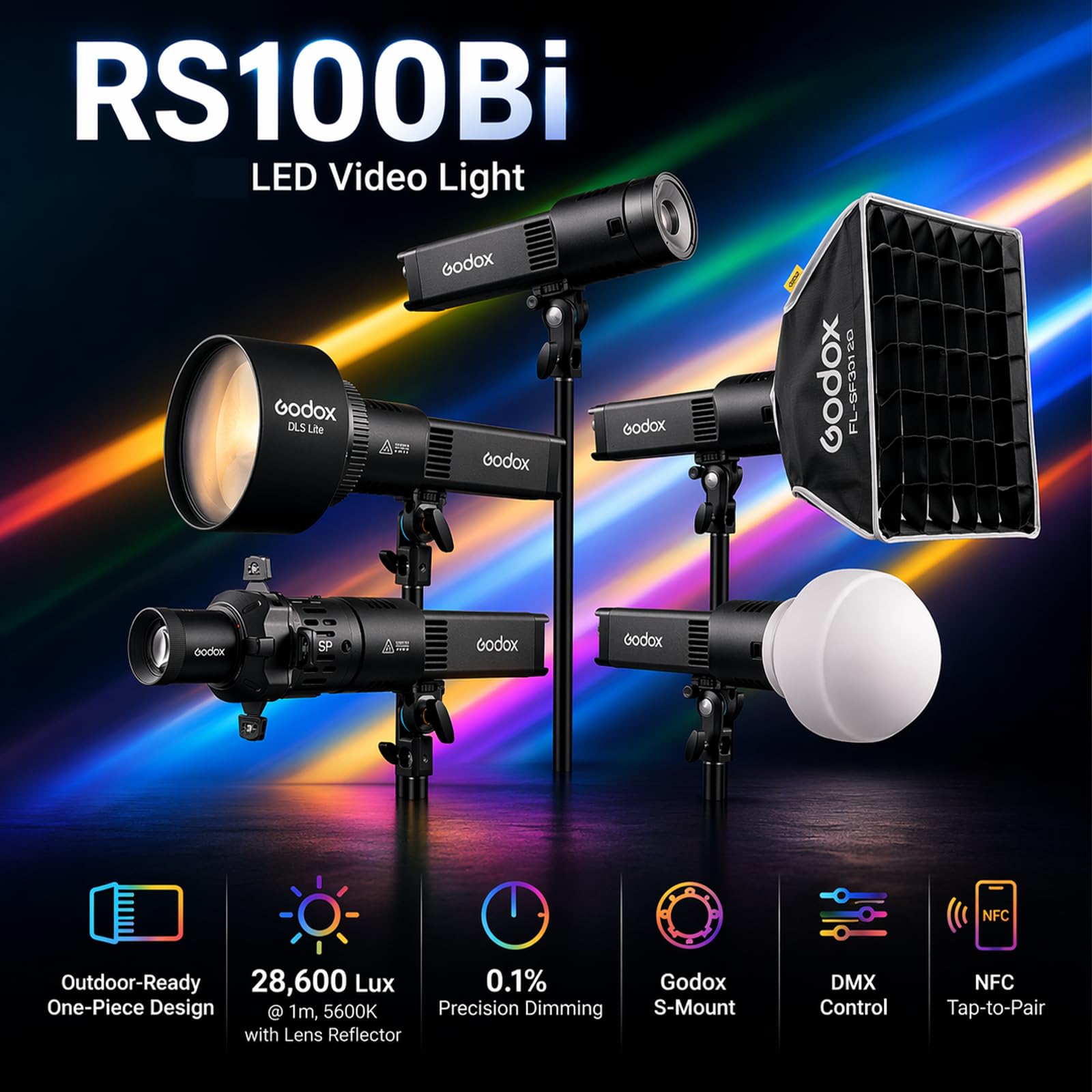 Godox RS100Bi 100W Bi-Color LED Video Light, Portable COB Photography Light, 2800K-6500K, CRI/TLCI 98, 28,600 Lux@1m, Built-in Battery, APP/DMX Control for Studio, Video, Streaming 3