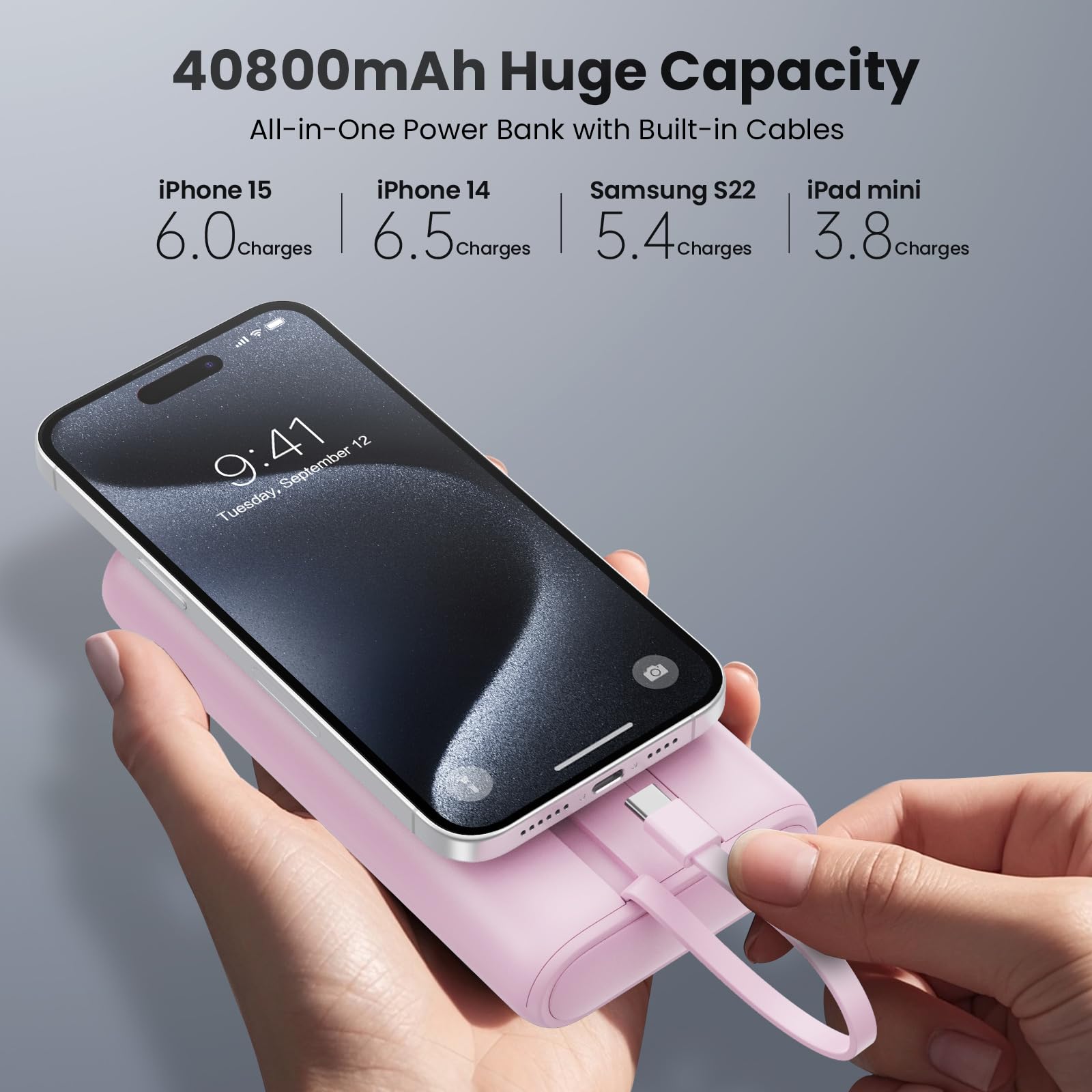 Upgraded Portable Charger 40800mAh Power Bank - Portable Battery with 2 Built in Cables,PD 25W USB C Fast Charging Battery Pack Compatible with iPhone 17 16 15 14 13 Android Phone Tablets etc-Pink 2