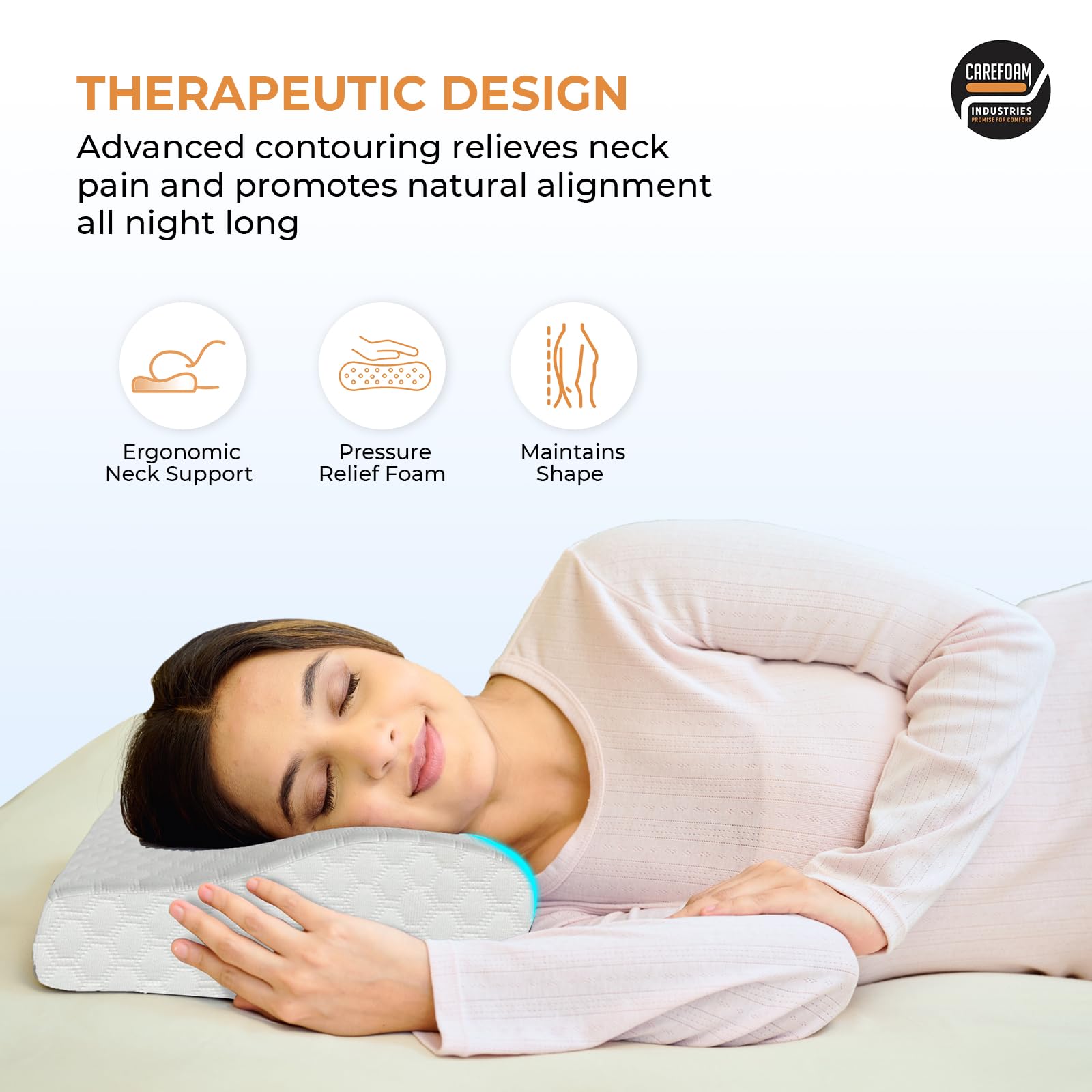 CareFoam Memory Foam Cervical Neck Pillow | 2 Years Warranty | Pain Relief Sleep, Improves Posture, Spinal Alignment, Neck Pain Relief | 19 x 12 x 4 Inch | White Jacquard Cover | Pack of 1 4