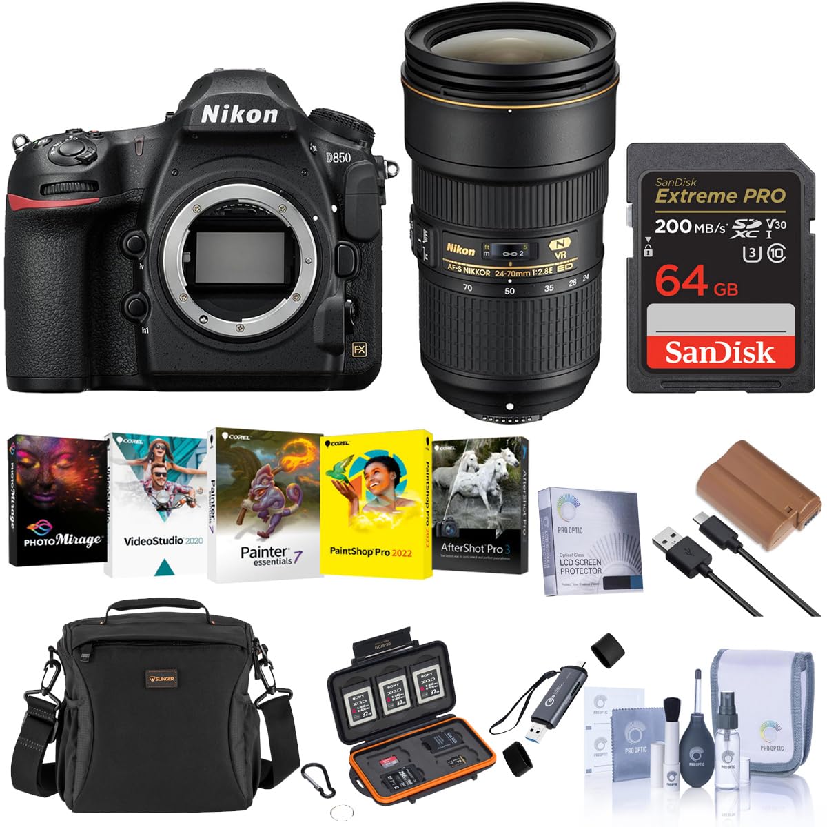 Nikon D850 DSLR Camera with AF-S NIKKOR 24-70mm f/2.8E ED VR Lens, Bundle with 64GB Memory Card, EL15c Battery, Bag, Memory Card Case, Card Reader, Software Kit 1