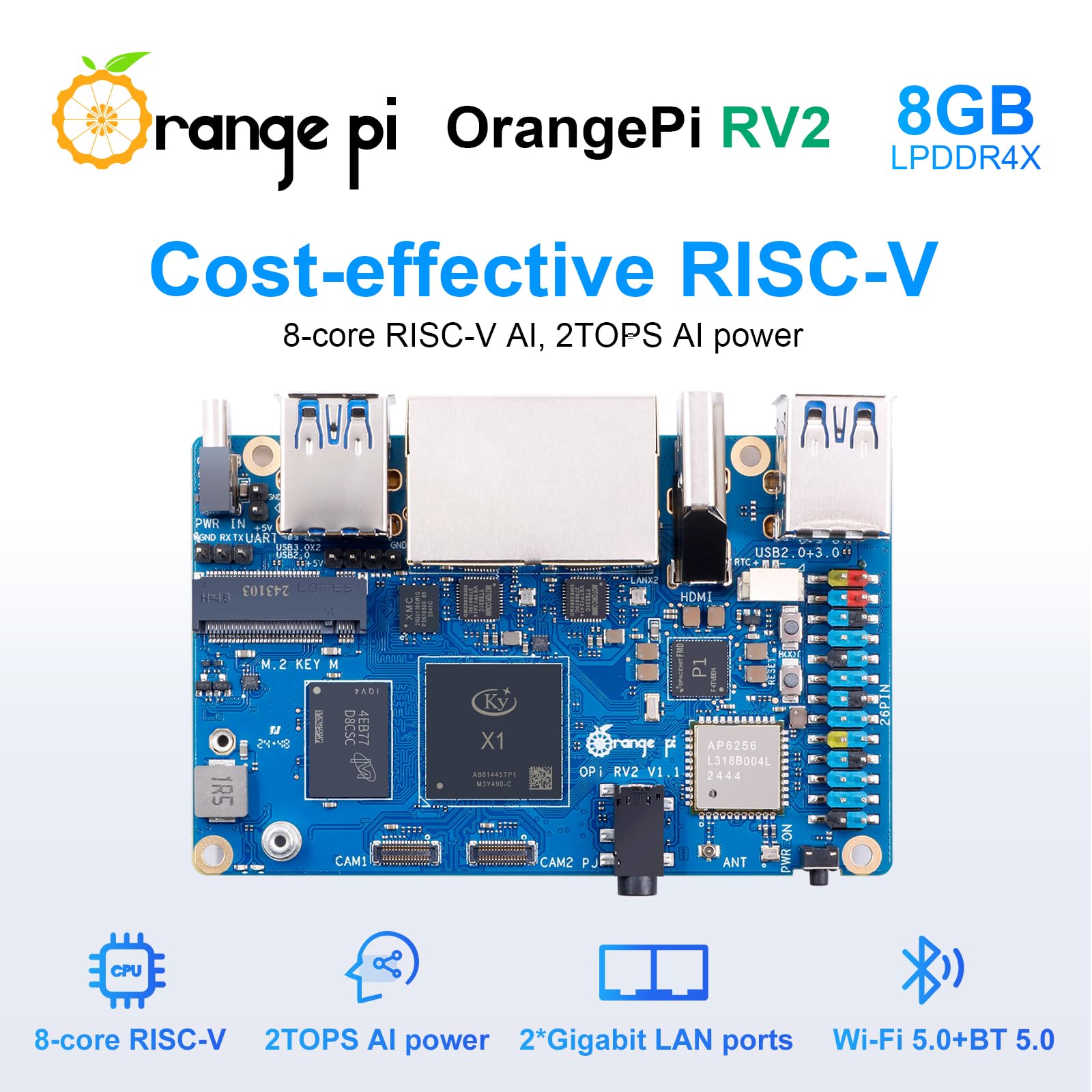 Orange Pi RV2 8GB RAM LPDDR4X RISC V 8 Core 2Tops Al Arithmetic Power Development Board, Wi-Fi 5+BT 5 with BLE Support Single Board Computer Run Ubuntu24.04 (8GB+Supply) 5
