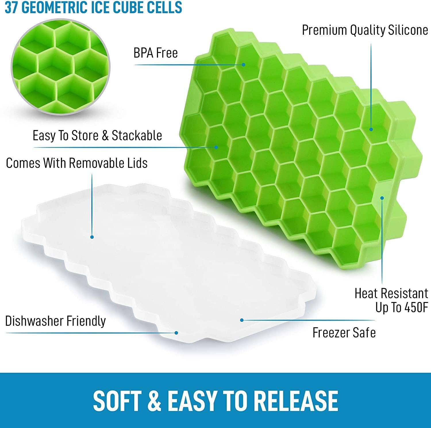 2 Pcs Ice Cube Trays Silicone Ice Cube Molds, Easy-Release and Flexible 37 Ice Trays BPA Free, for Whiskey Cocktail, Stackable and Safe Ice Honeycomb Small Cubes Fridge Bar Soft Tray (with Lid) (2) 6
