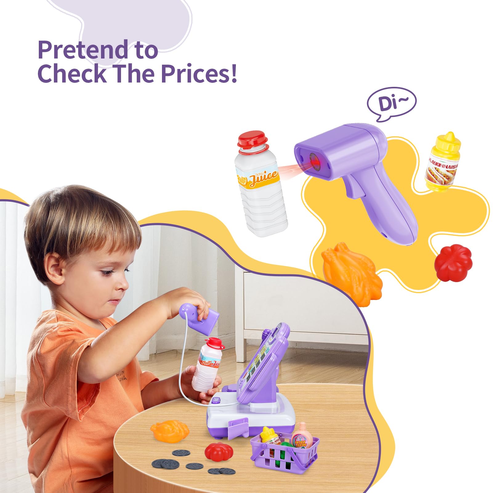 FS Pretend Play Cash Register Toy Preschool Gift for Kids, Classic Count Toy with Sound, Microphone, Scanner, Credit Card, Play Food for Boys & Girls, 57 Pieces Play Set, Ages 3 4 5 6 7, Purple 5