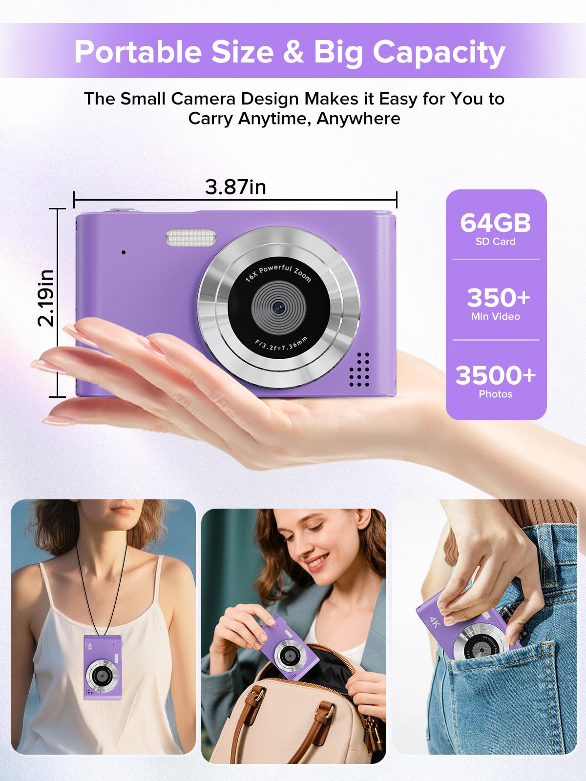 Digital Camera, Kids Camera1080P, Vlog Camera with 64GB Card, 16X Zoom Anti Shake, Card Reader, 44MP Compact Portable Small Point Shoot Digicam Gift for Kid Student Children Teen Girl Boy(Pruple) 4