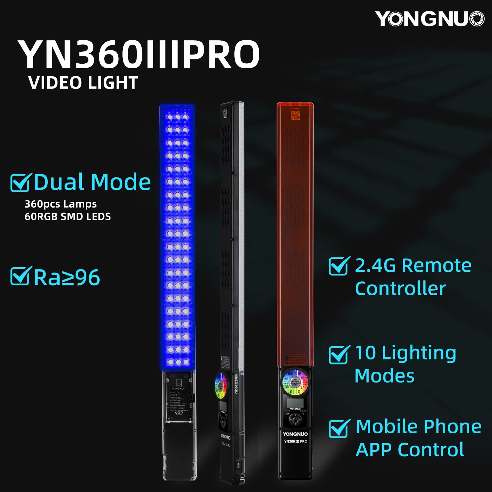 YONGNUO YN360III PRO LED Light Stick with 110" Light Stand, Ice Light with 2.4G Touch Remote Control, RGB Full Color CRI 95+, 3200K-5600K Bi-Color Temperature 3