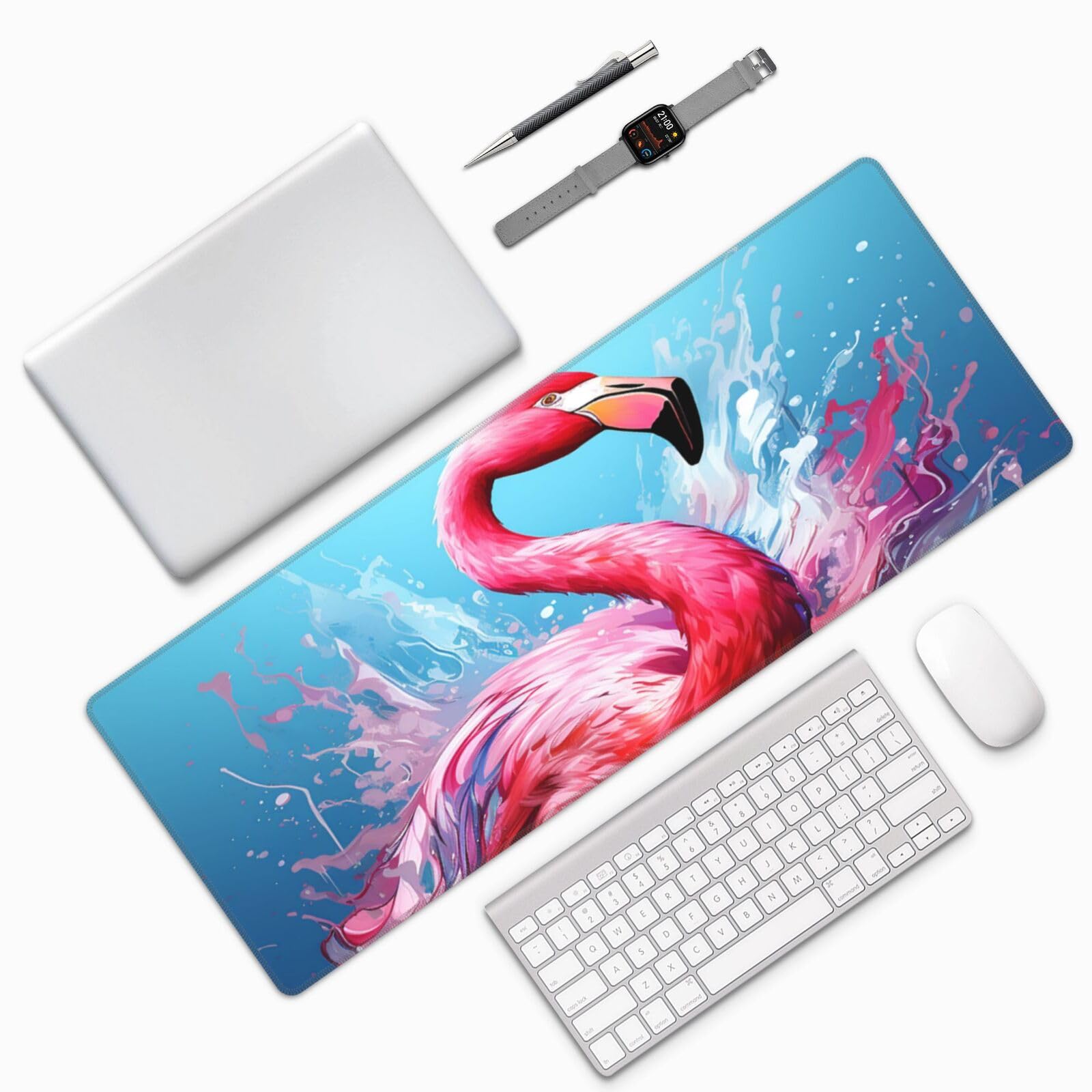 Famame Laptop Mouse Pad Big Pink Flamingo Bird Desk Mat with Stitched Edges 31.5X 11.8 inch Non-Slip Large Keyboard Rubber Writing Table Mat for Office Home 2