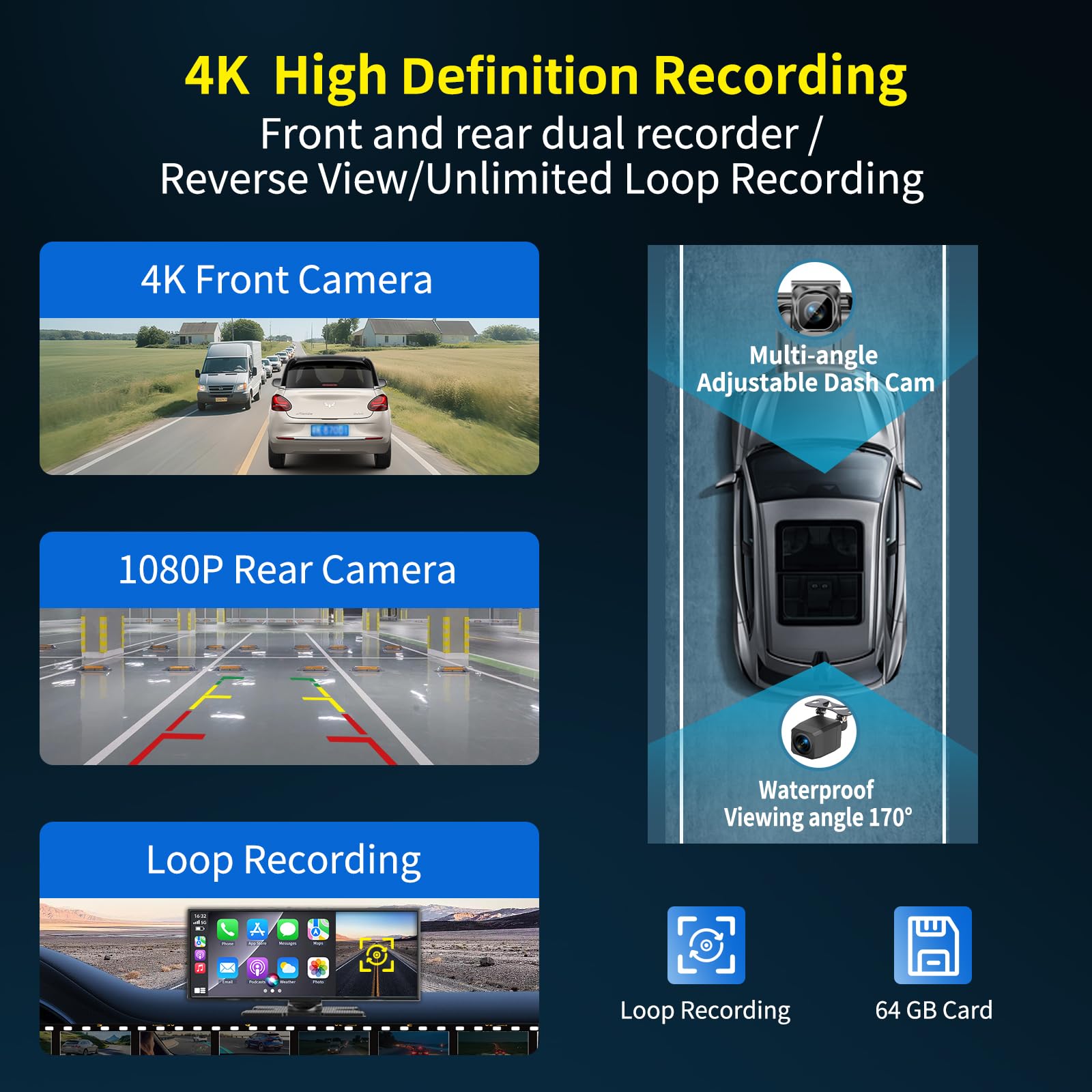 Largest 11.5 inch Wireless CarPlay Screen for Car, A-pple CarPlay & Android Auto HD Touchscreen with 4K Dash Cam/1080P Backup Camera/Navigation/Bluetooth/Voice Control/FM/Mirror Link,for All Vehicles 5