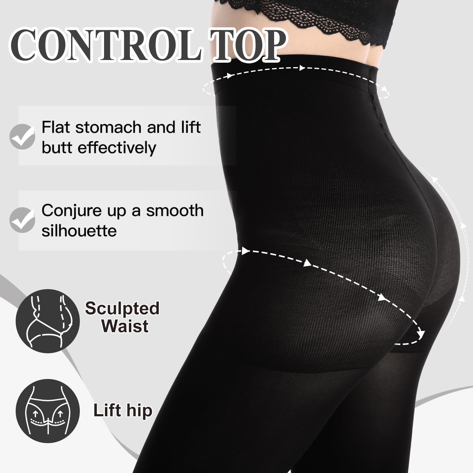 MANZI 2 Pairs Women's Opaque Control Top Tights Comfort Stretch 70 Denier Pantyhose Black Medium 4