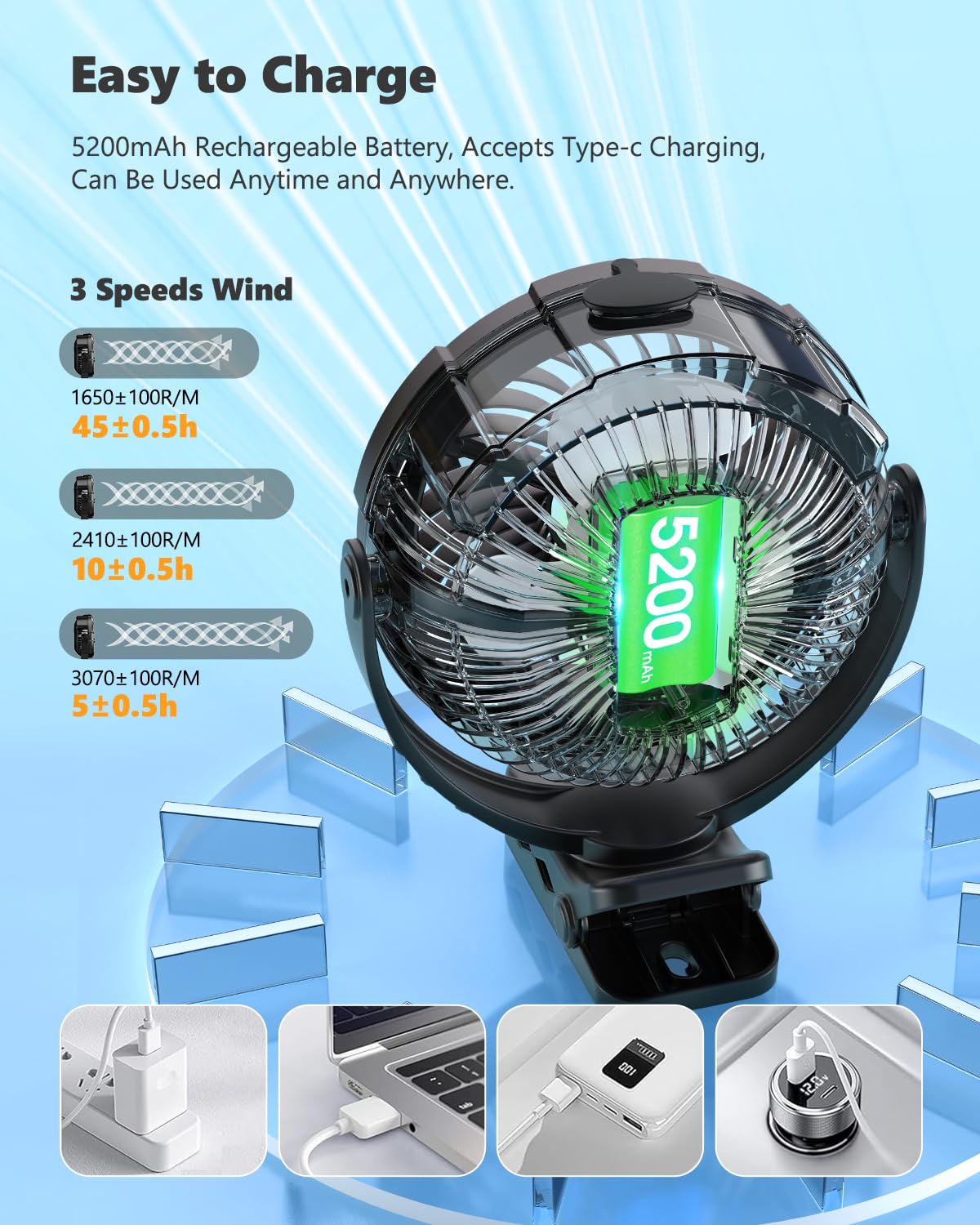 Ausic Portable Clip on Misting Fan, [5-45Hrs] Golf Cart Spray Fan, 720° Rotate Baby Stroller Fan, Outdoor Camping Fan with LED, Rechargeable Battery Operated RV Travel Cruise Fan, Golf Accessories 4