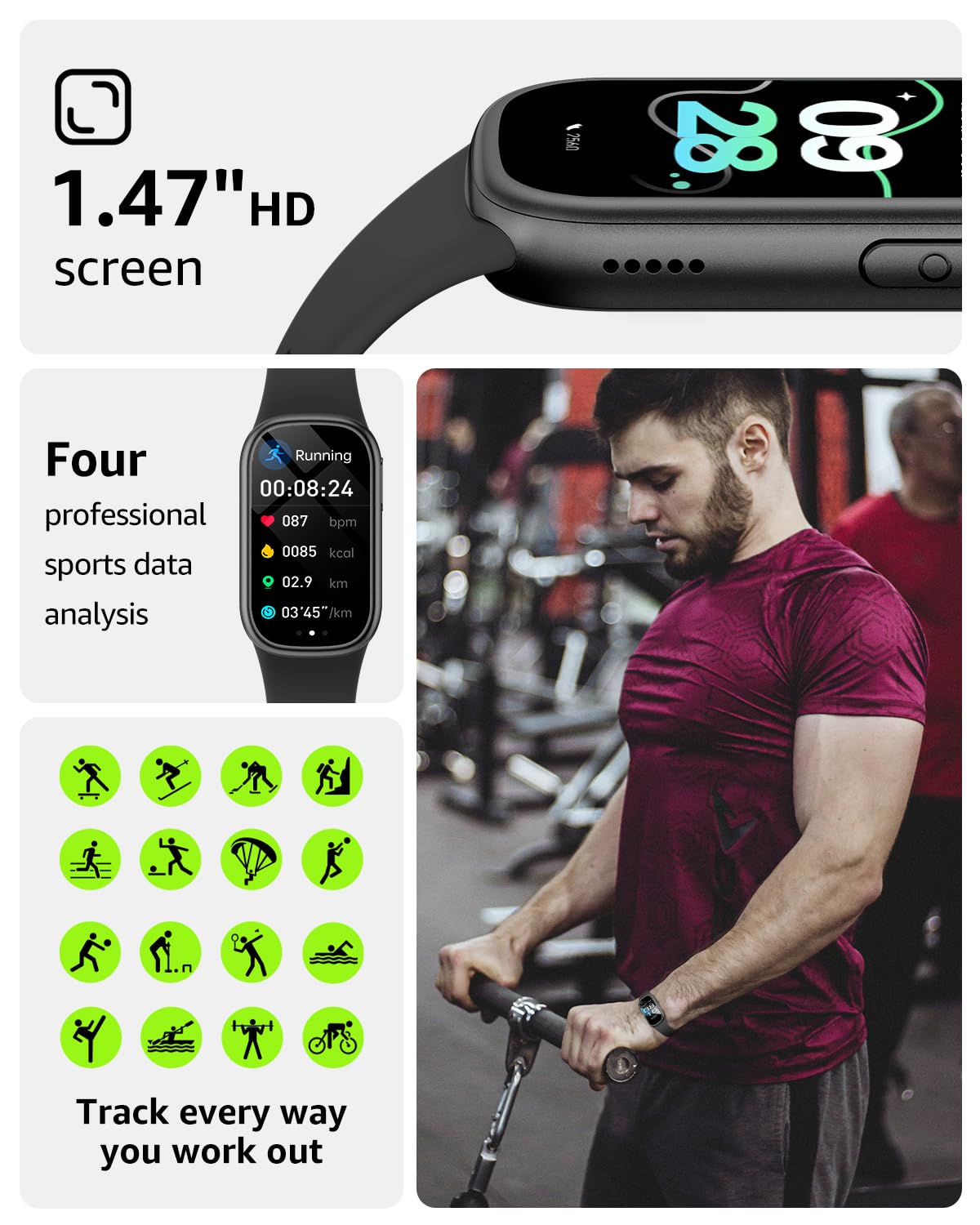 BUTFORFIT Fitness Tracker, Smart Watch with 1.47" HD Touch Display, 137+ Sport Modes Fitness Watch with Heart Rate Sleep Monitor, Step Counter, Calorie, IP68 Waterproof Activity Tracker for Women Men 4