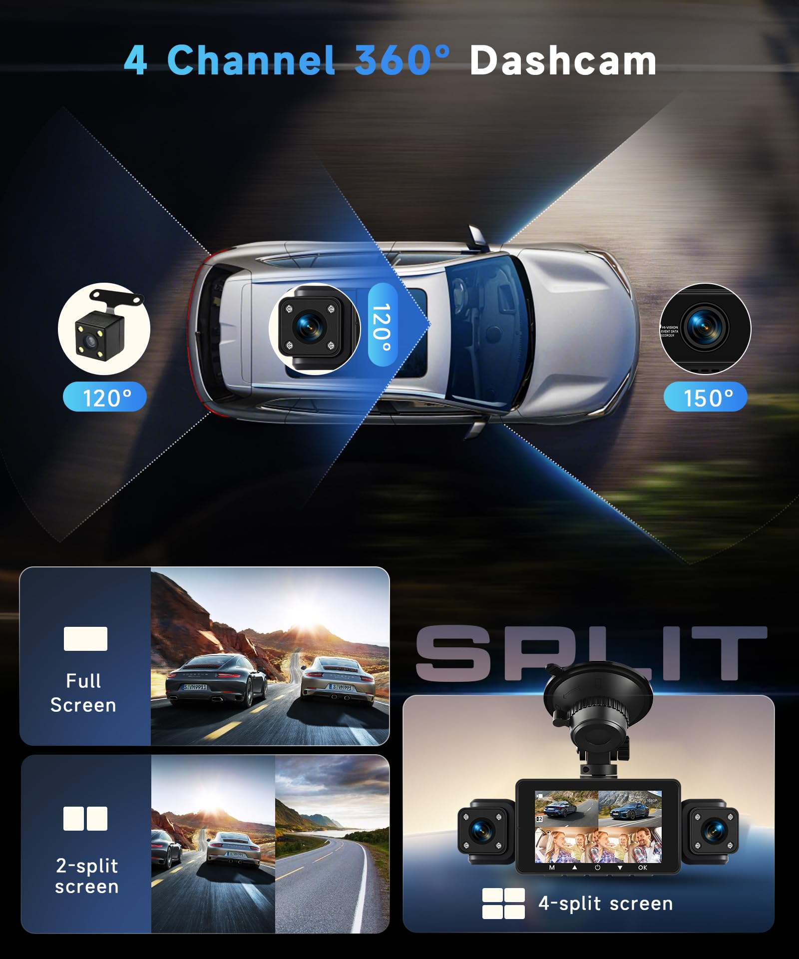 Orderich 4 Channel 360° Dash Camera Front and Rear Inside Left Right, 3 Inch Dash Cam Support WiFi, Built-in Night Vision Sensitive Motion Detection 24/7 Recording Parking Mode Monitor Reversing Help 3