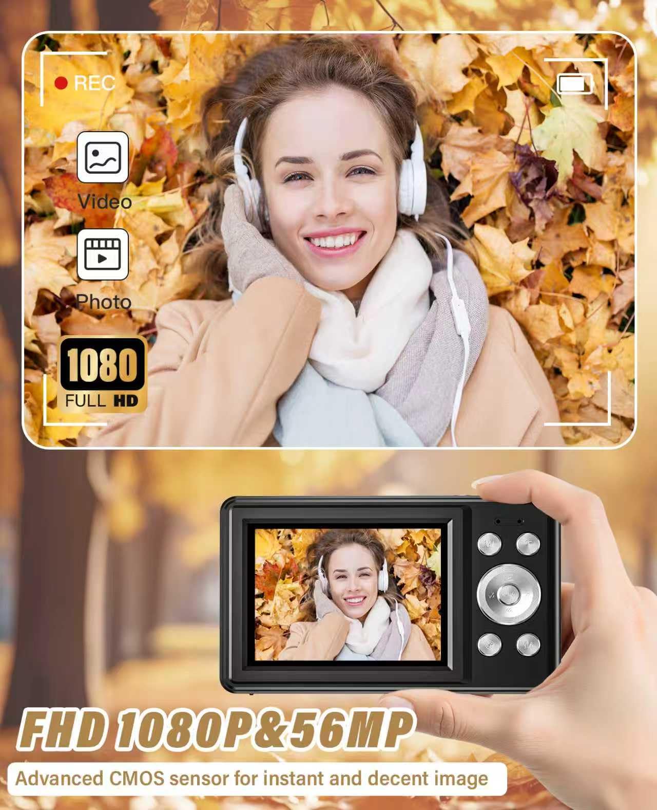 2025 New Digital Camera, 56MP FHD 1080P for Kids with 16x Digital Zoom Anti Shake, Face Detect, Smile Capture, 32GB TF Card, Battery, Lanyard, a Great Gift for Boys & Girls（Black） 3