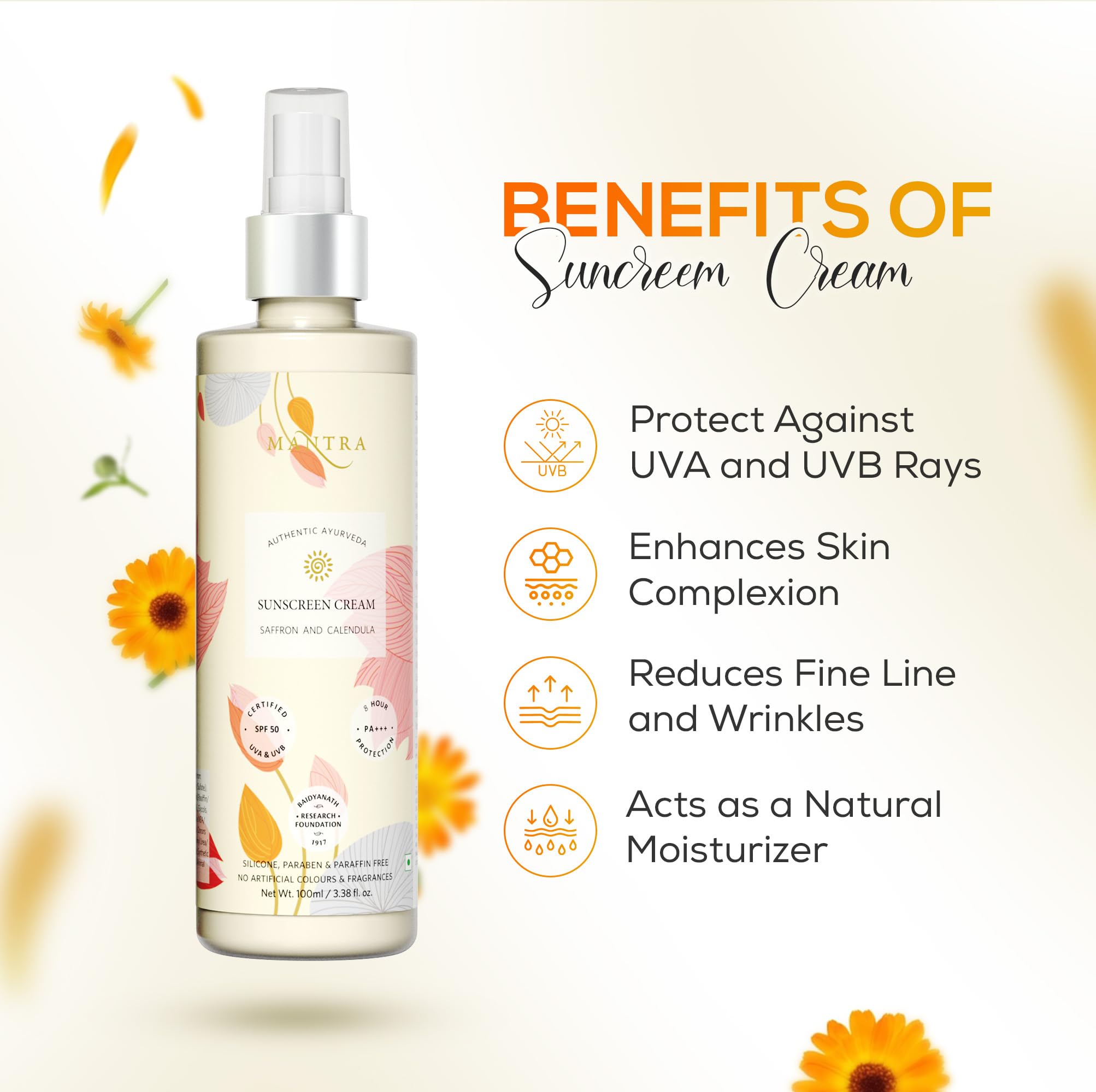 Mantra Herbal Pollution Protect SPF 30+ UVA & UVB Sunscreen Gel 100 ml with Saffron And Calendula Sun Cream | Blue Light Protection & Oil free | Moisture boost formula | Water resistant | All Skin types 4