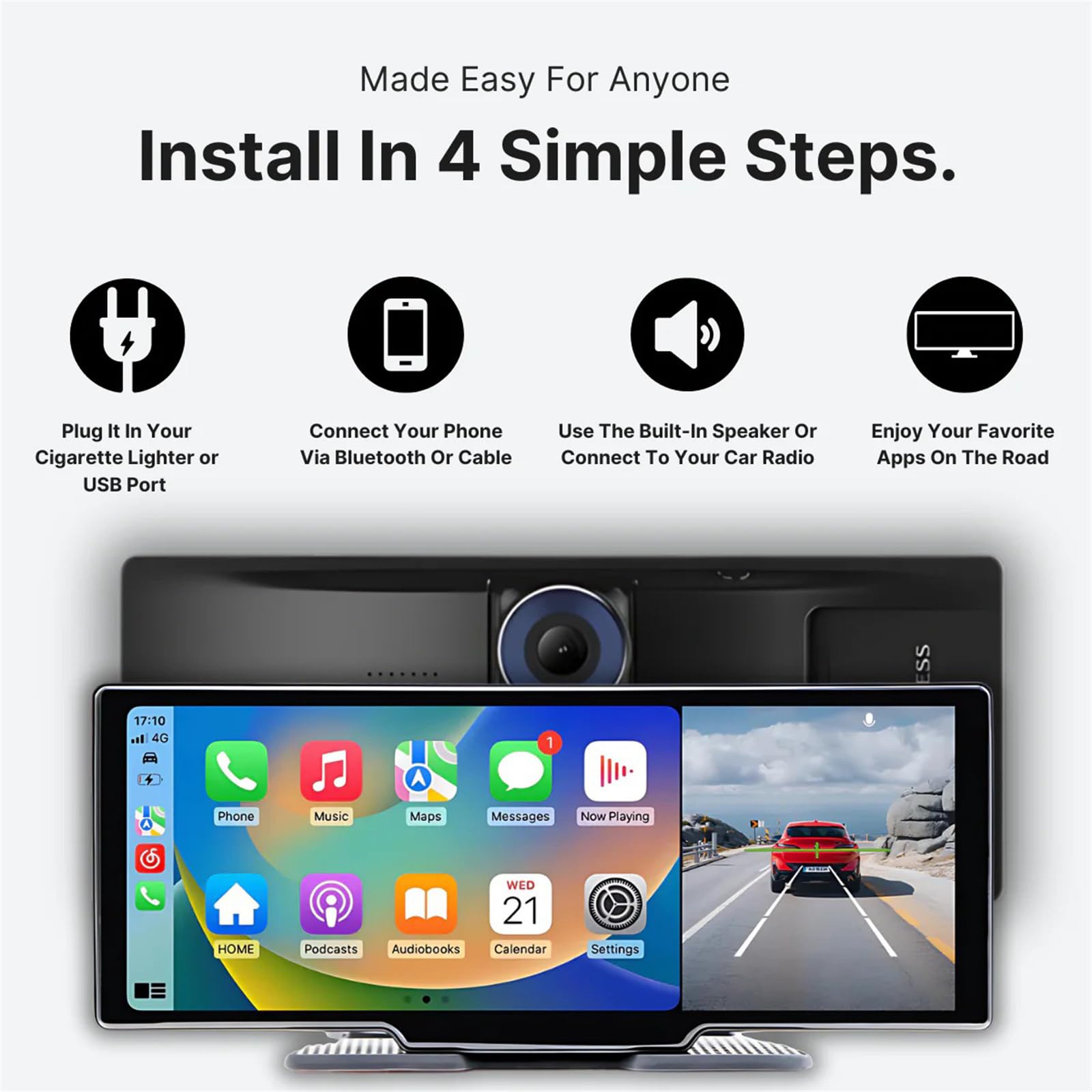 Car Tablet Pro Max 2025, Wireless CarTablet Pro Max 2025 Model 4K Front and Rear Dash Cam, 10.26" HD Portable Carplay & Android Auto Screen 1080P Backup Camera Voice Control (with Reversing Camera) 3