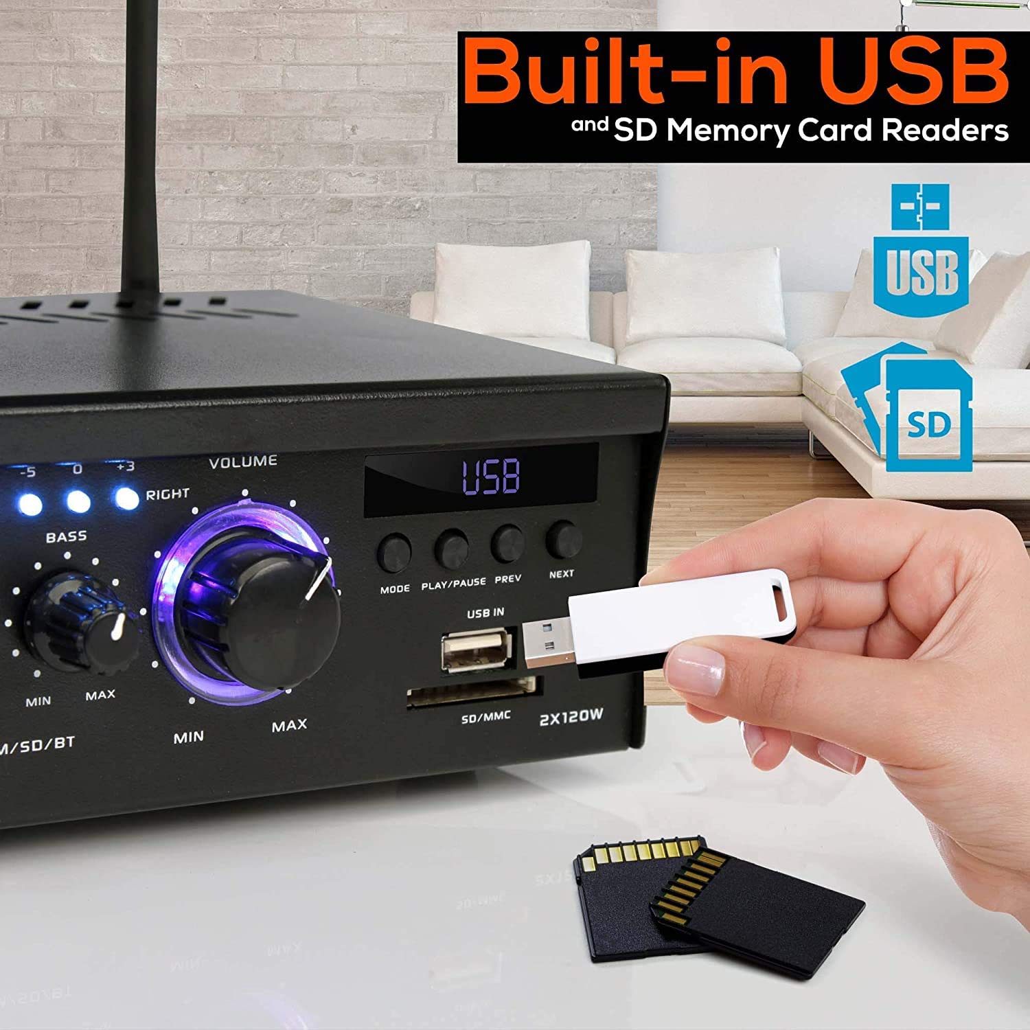 2x120 Watt Power Amplifier Home Audio Bluetooth Receiver System W/Blue Led Display, USB/SD, AUX, RCA, Headphone Jack - Remote 5