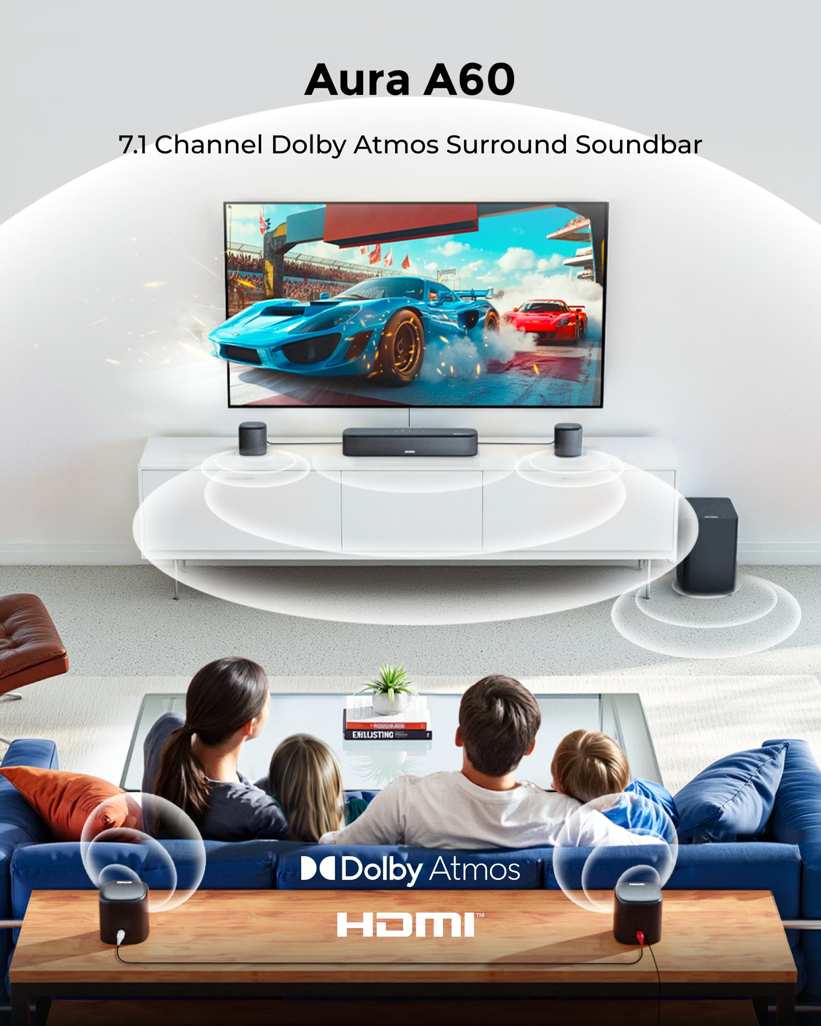 ULTIMEA 7.1ch Sound Bar with Dolby Atmos, Surround Sound System for TV with 4 Surround Speakers, Sound Bar for Smart TV with App Control, Soundbar with Subwoofer for Home Theater, HDMI eARC, Aura A60 3