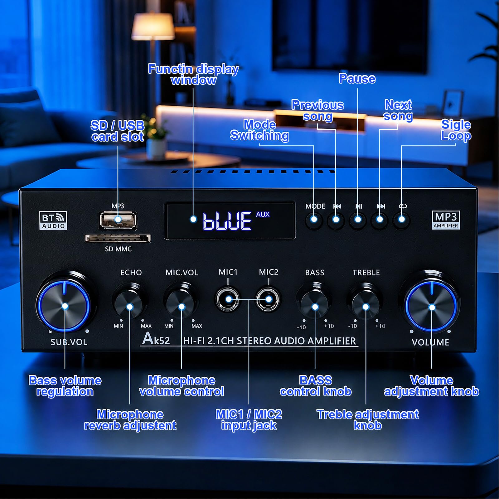 Joengoep AK52Max Home 400W 2.1 Channel Stereo Receivers with Bluetooth 5.0 3