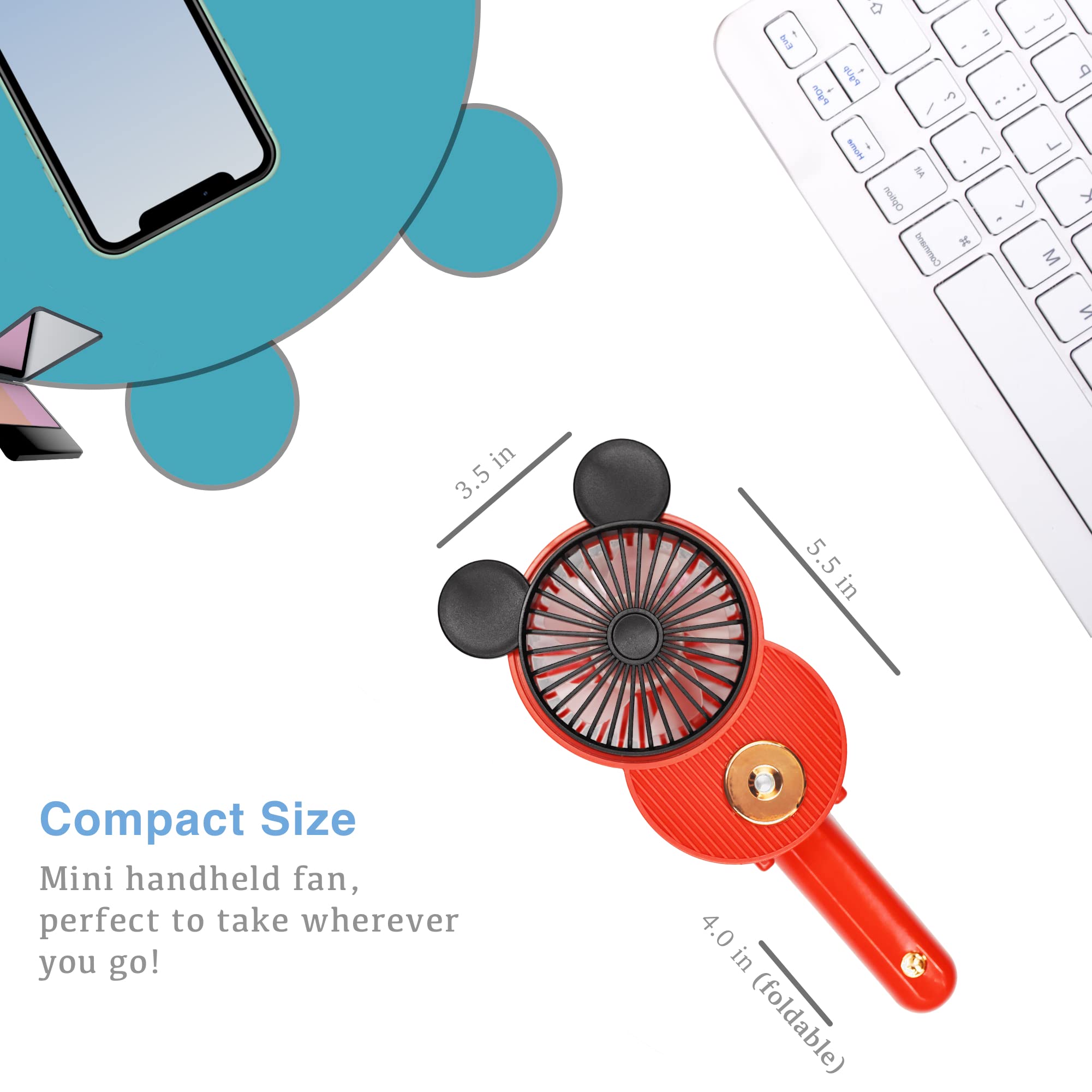 LACOVIA Cute Mouse Misting Mini Fan, Handheld Portable USB Rechargeable Fan with 3 Adjustable Speeds, Foldable For Travelling(Red&Green) 5