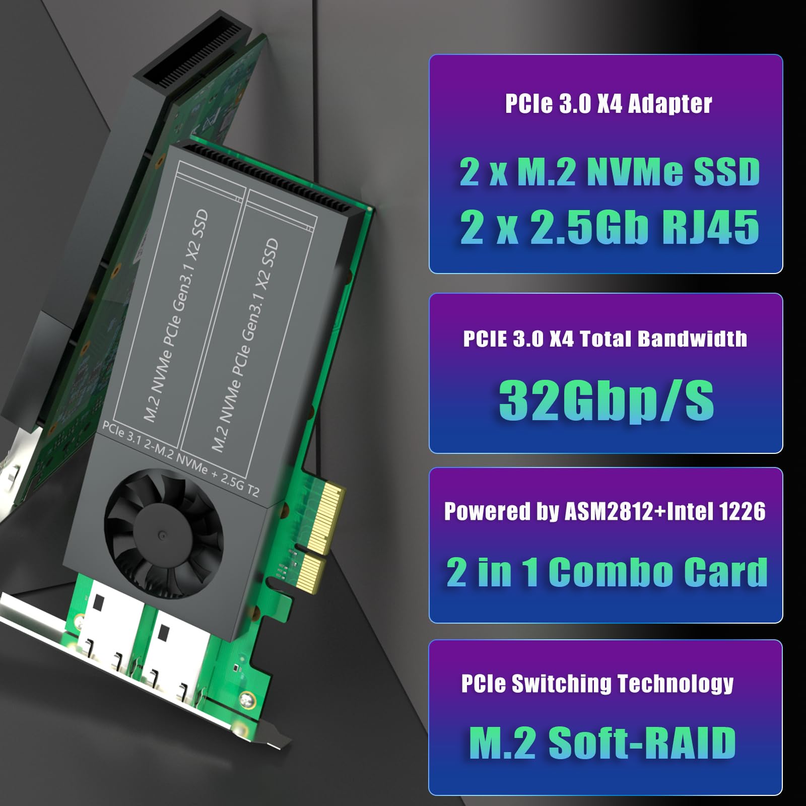 GLOTRENDS ST5114 Dual M.2 PCIe Adapter with 2 x 2.5Gb RJ45 Port, PCIe 3.0 X4 Interface, Support PCIe Bifurcation, Setup Soft M.2 NVMe RAID via OS Tool 3