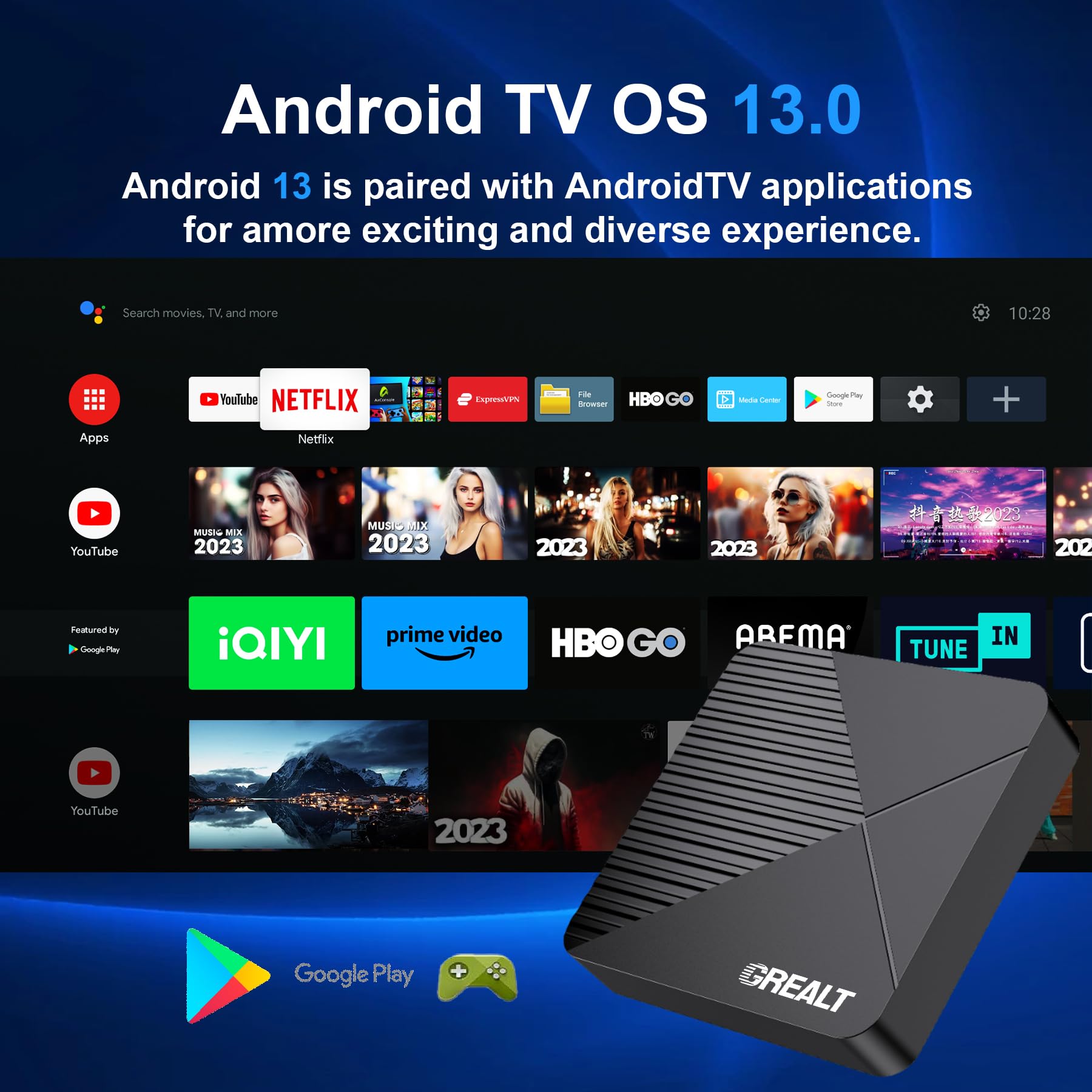 GREALT Android TV Box 13.0 8K 2025 Android Box 4GB RAM 64GB ROM Quad Core 64bit, Support Dual-WiFi 2.4G/5G WIFI6 3D HDR10+ BT5.0 with Voice Remote Control 5