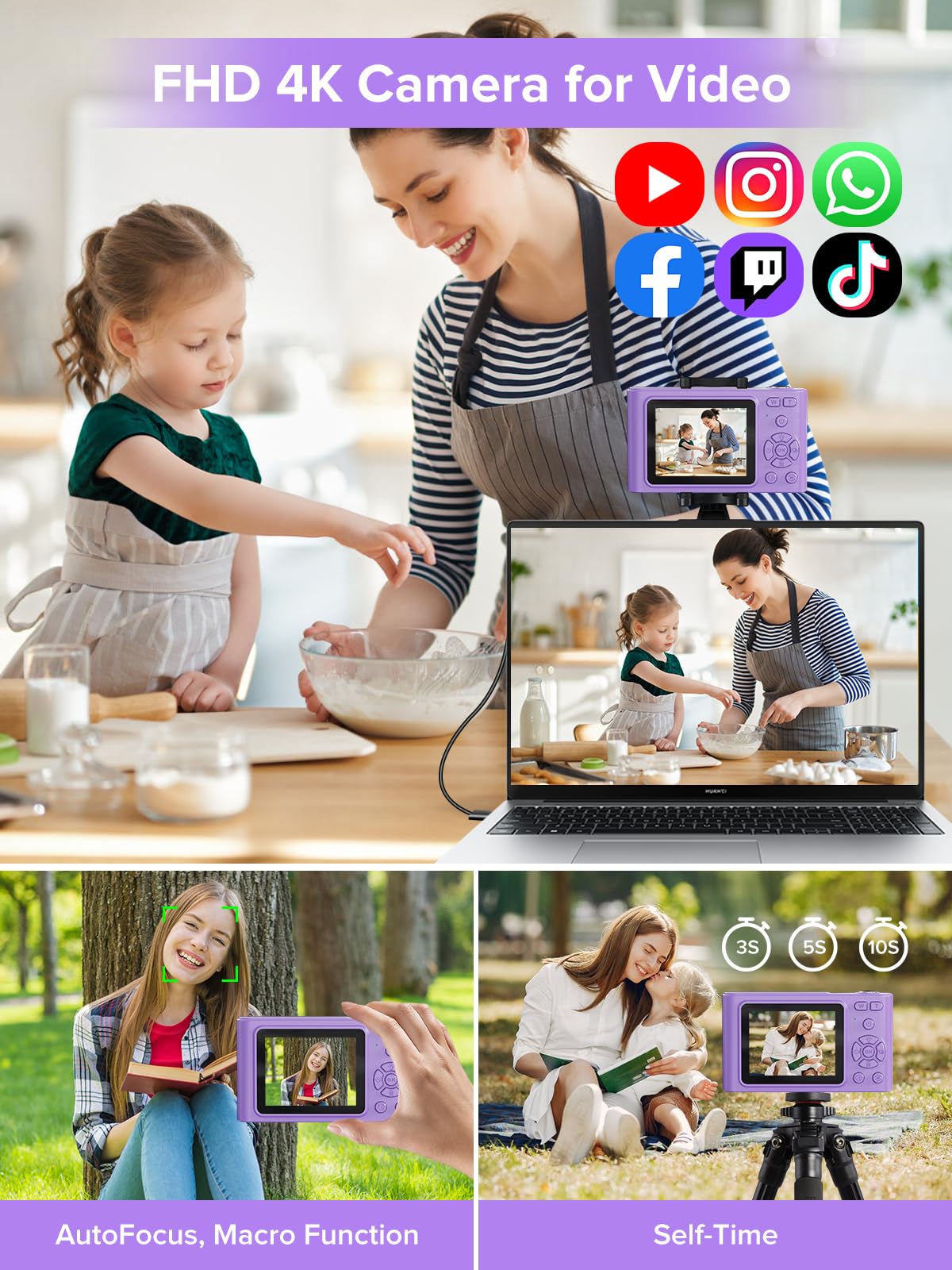 Digital Camera, Kids Camera1080P, Vlog Camera with 64GB Card, 16X Zoom Anti Shake, Card Reader, 44MP Compact Portable Small Point Shoot Digicam Gift for Kid Student Children Teen Girl Boy(Pruple) 3
