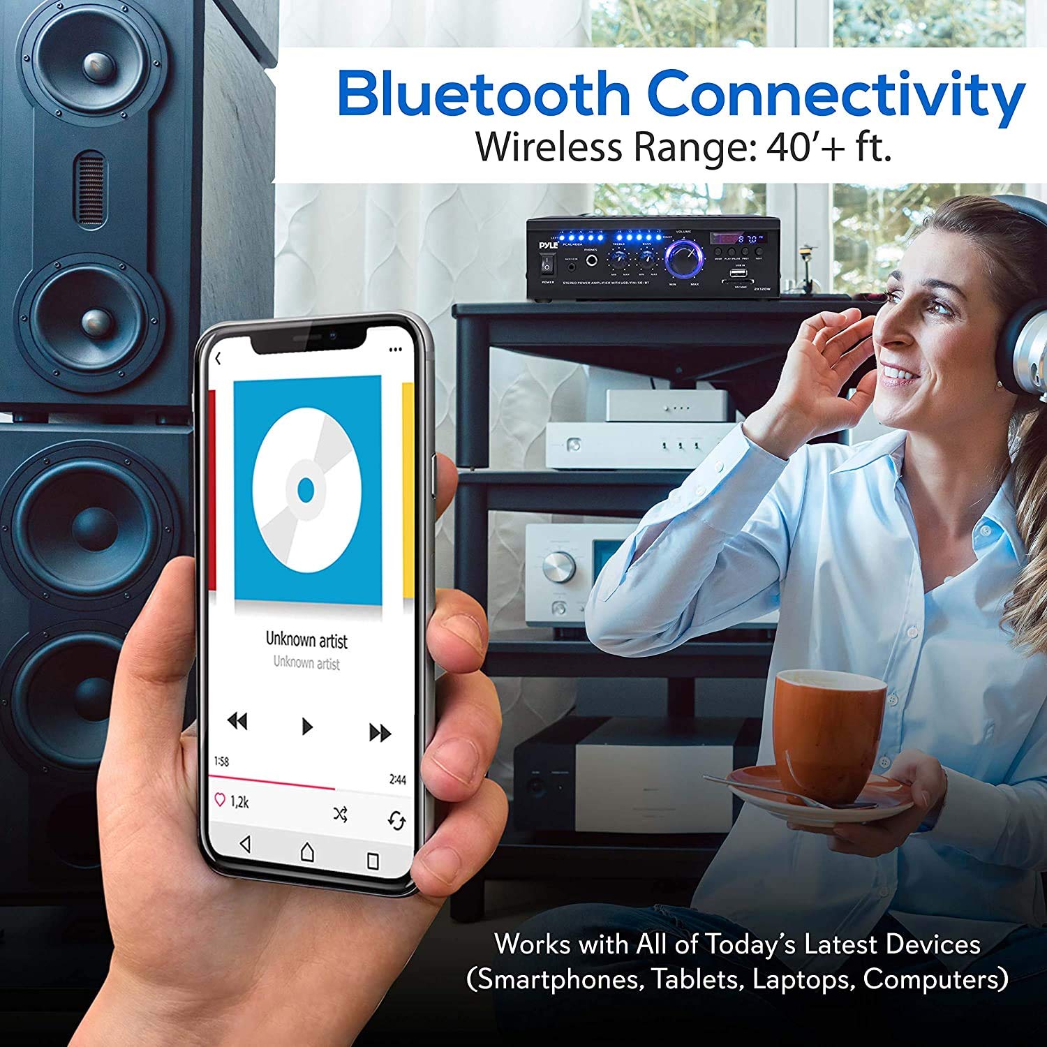2x120 Watt Power Amplifier Home Audio Bluetooth Receiver System W/Blue Led Display, USB/SD, AUX, RCA, Headphone Jack - Remote 6