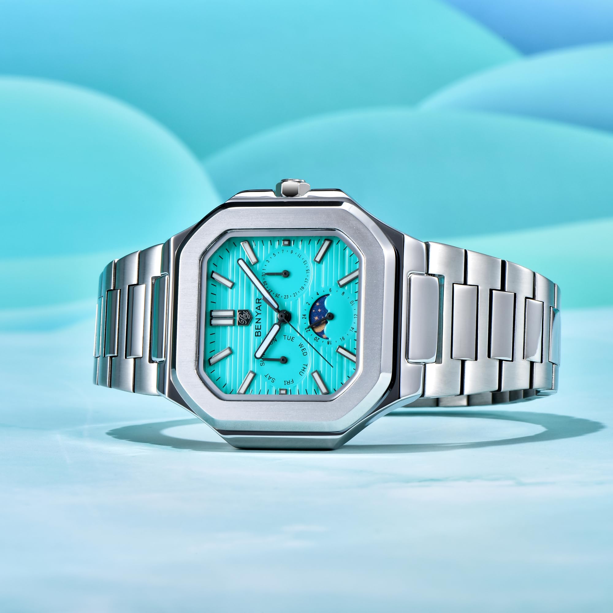 BENYAR Luxury Men's Quartz Watch Multifunctional Chronograph Full Stainless Steel Waterproof Luminous Business Men's Watch BY-5221 (Sky Blue BY-5221) 6