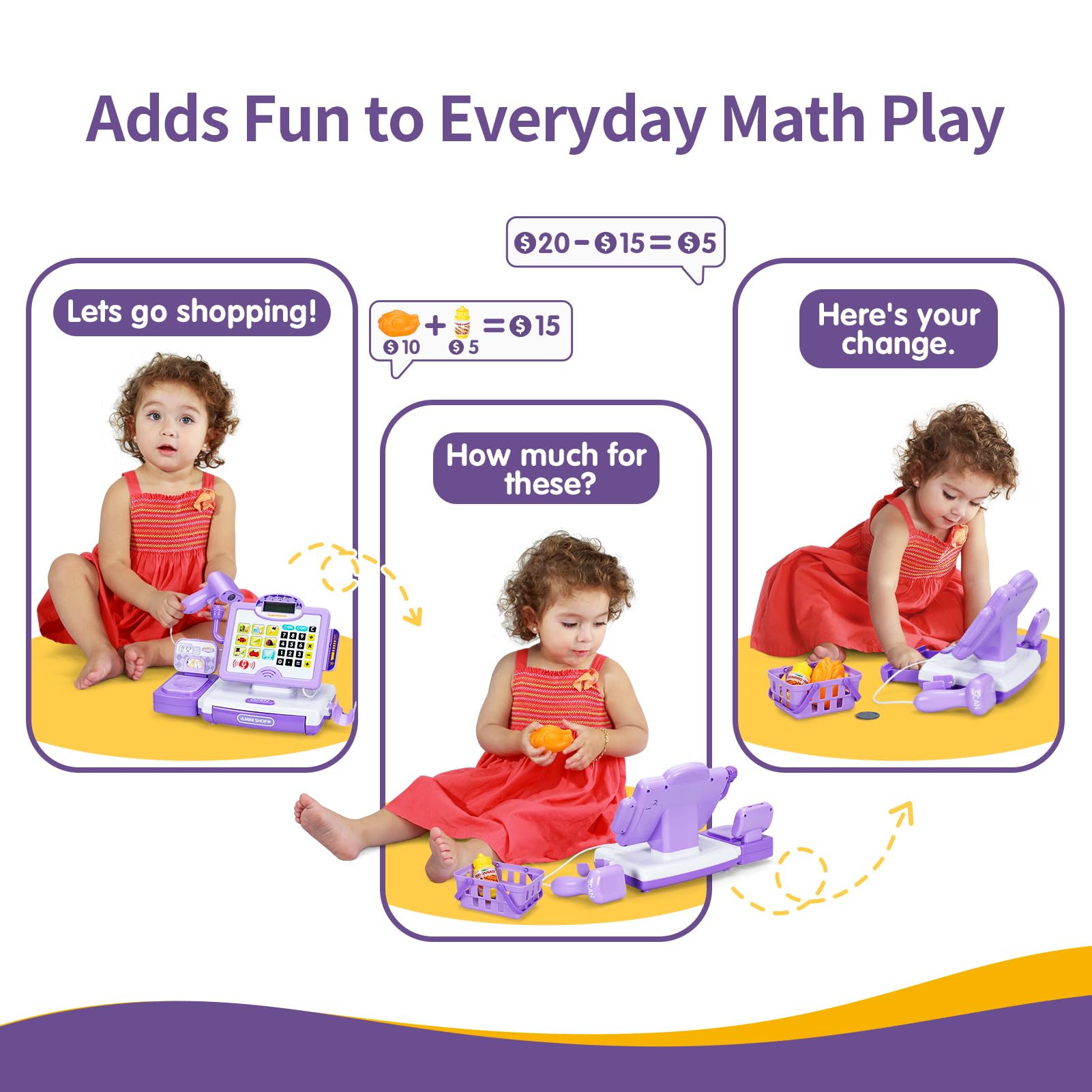 FS Pretend Play Cash Register Toy Preschool Gift for Kids, Classic Count Toy with Sound, Microphone, Scanner, Credit Card, Play Food for Boys & Girls, 57 Pieces Play Set, Ages 3 4 5 6 7, Purple 4