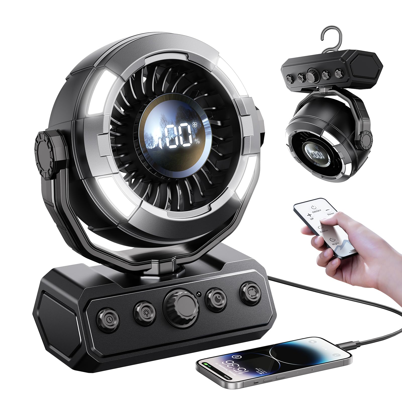KIMMOO 20000mAh Camping Fan with Light, 80Hrs Max Cooling, 100 Speeds, Portable Fan Rechargeable with Hook, Remote, Timer, 180° Oscillation, Battery Powered for Outdoor Tent Beach Travel BBQ (Black) 1