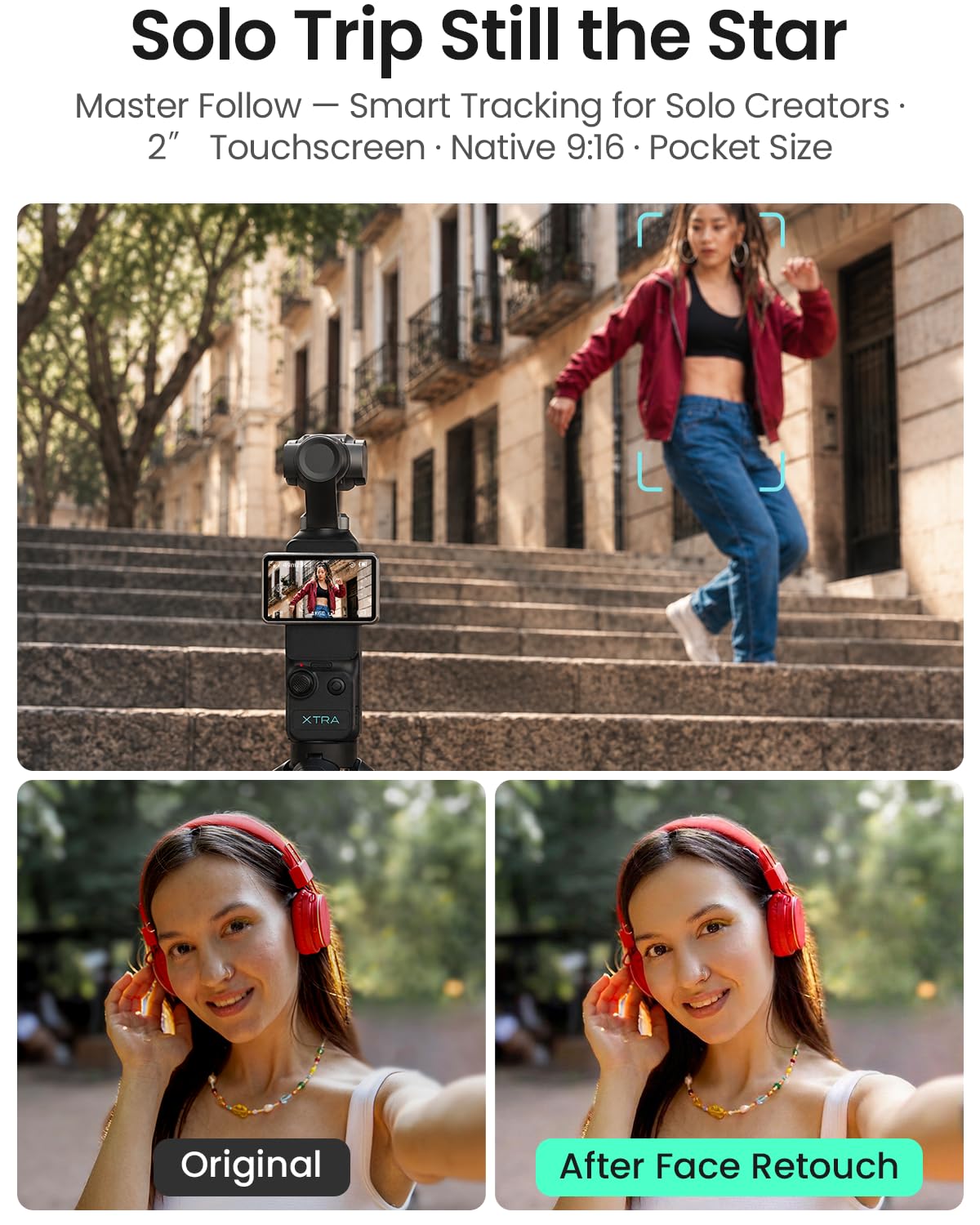 Xtra Muse, Vlogging Camera with 1'' CMOS & 4K/120fps Videos, Pocket Camera with 3-Axis Gimbal Stabilizer, Fast Focusing, Face/Object Tracking, Digital Video Camera for Photography, Digital Camera 5