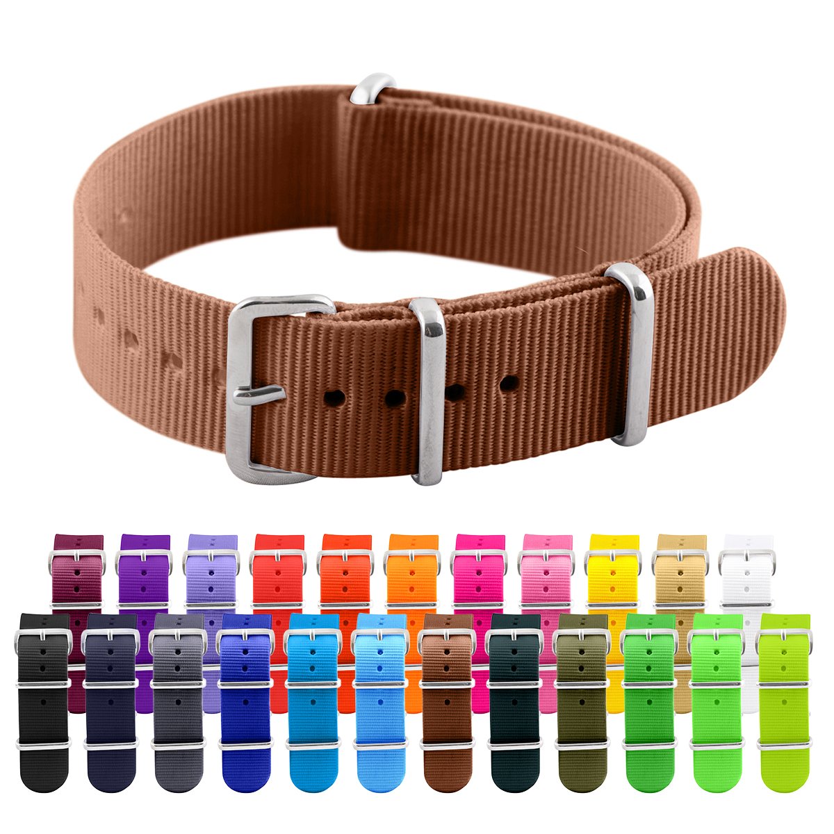 Clockwork Synergy® - Classic SS Nylon Ballistic Watch Band Straps - Brown - 20mm Interchangeable Replacement Military Watch Strap 1