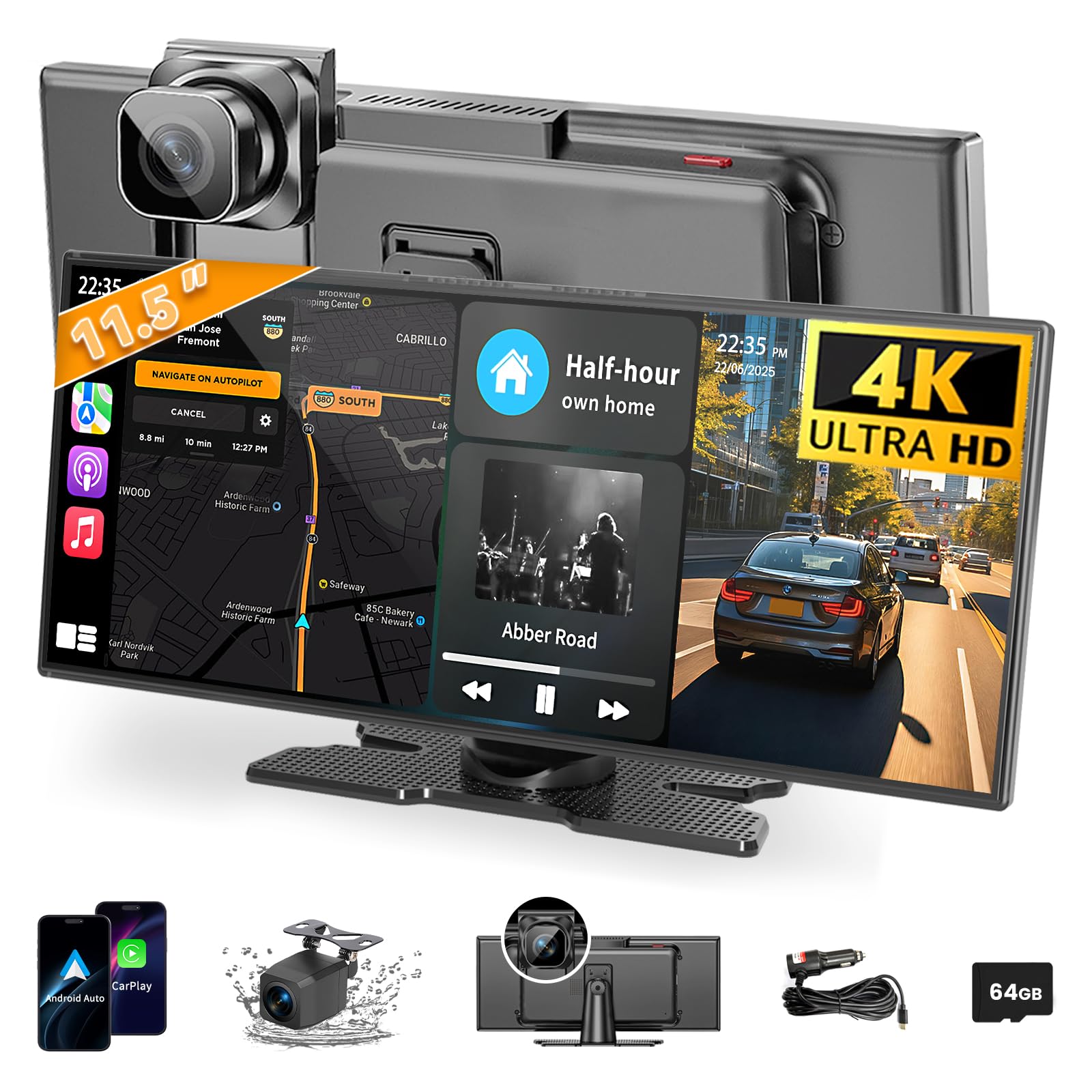 Largest 11.5 inch Wireless CarPlay Screen for Car, A-pple CarPlay & Android Auto HD Touchscreen with 4K Dash Cam/1080P Backup Camera/Navigation/Bluetooth/Voice Control/FM/Mirror Link,for All Vehicles 1
