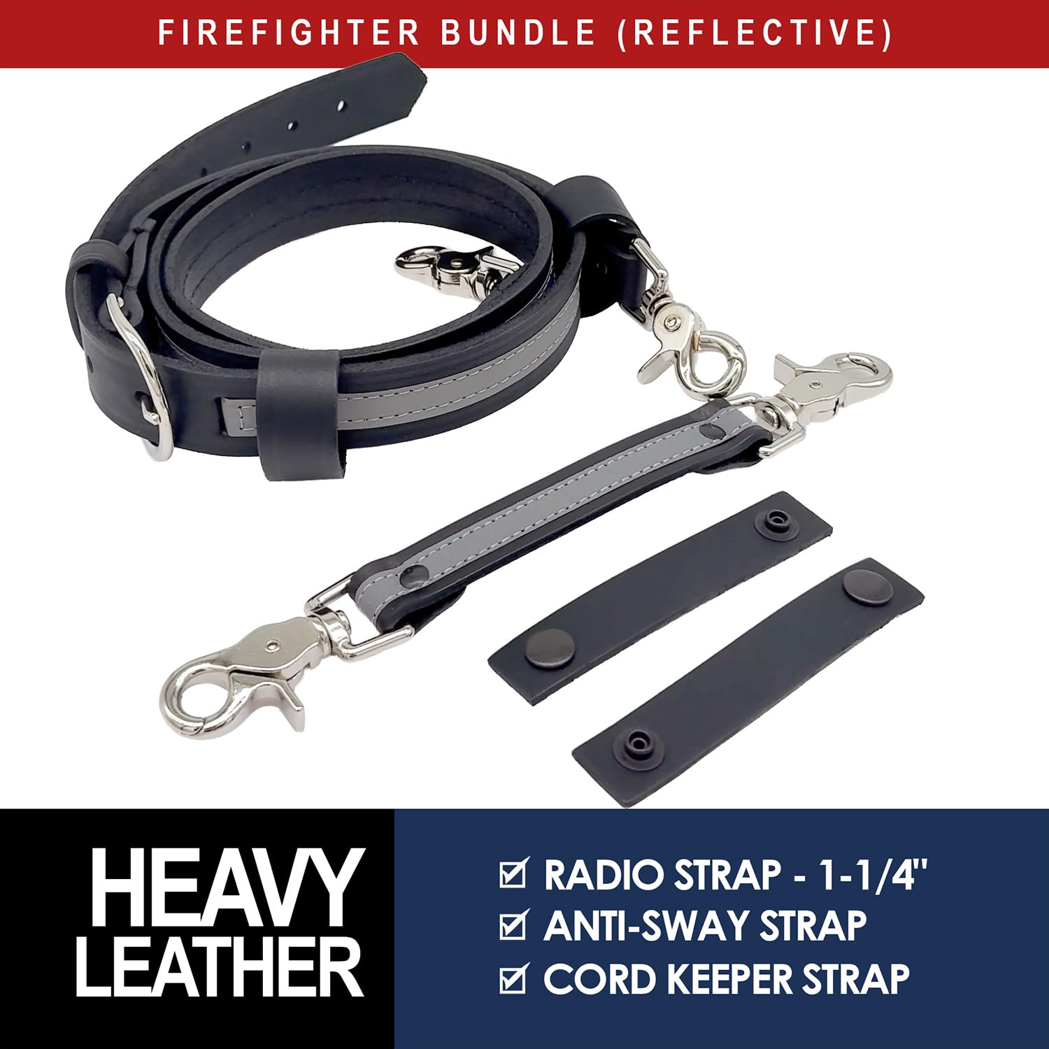 Firefighter 5 in. Adjustable Radio Holder Bundle – Includes Anti-Sway Strap & 2 Cord Keepers – Secure No-Bounce Radio Strap Holder for Turnout Gear, Leather/Reflective 5