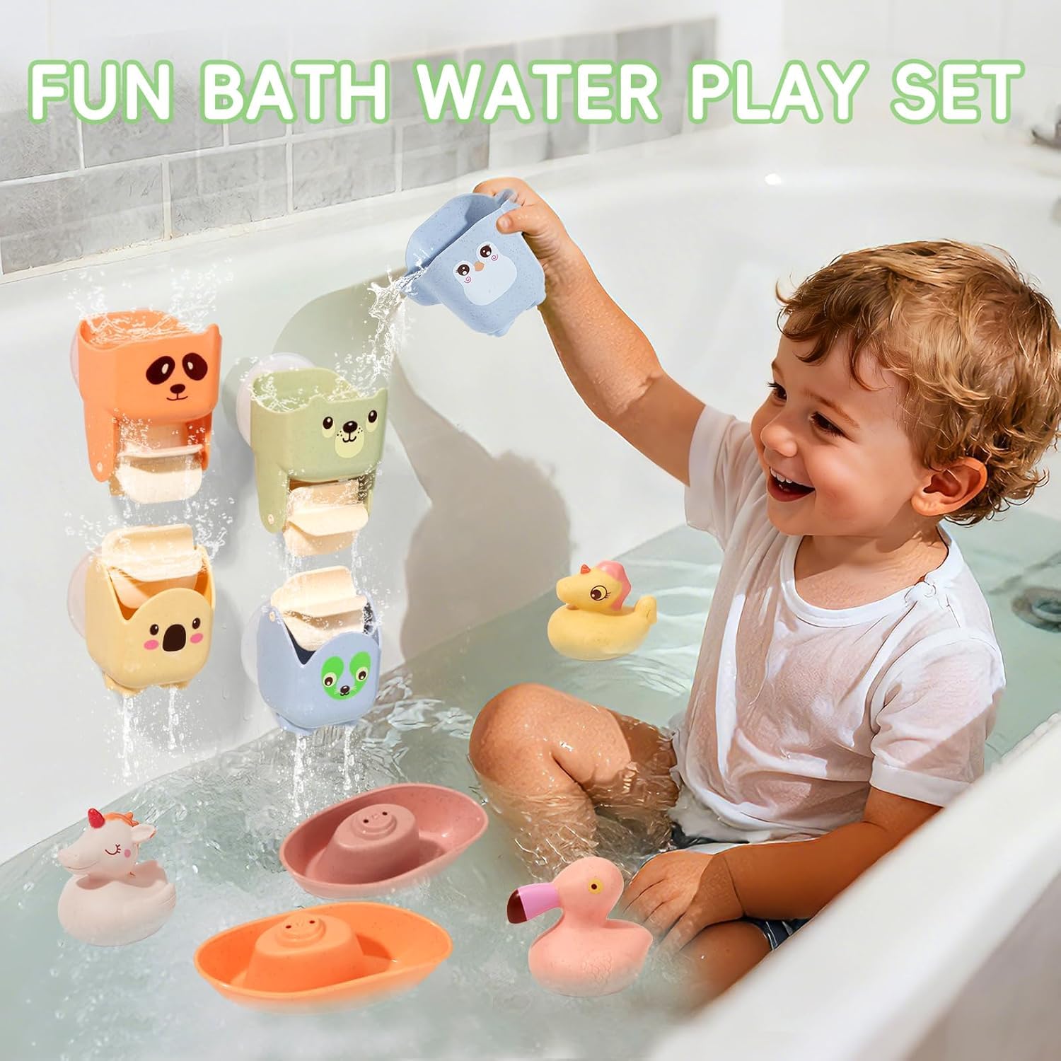 Mold Free Bath Toys, 15PCS | Safe Fun & Easy Clean Floating Boats & Rotating Waterfall Cups & Sealed with No Holes Floating Tub Toy and Mesh Bag for Babies 18+ Months | Bathtub Pool Water Toddler Toys 3