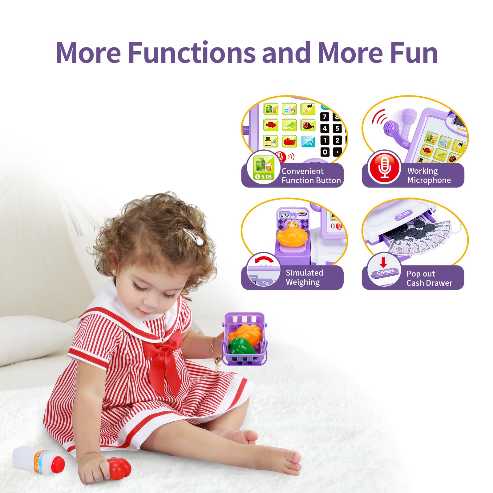 FS Pretend Play Cash Register Toy Preschool Gift for Kids, Classic Count Toy with Sound, Microphone, Scanner, Credit Card, Play Food for Boys & Girls, 57 Pieces Play Set, Ages 3 4 5 6 7, Purple 6