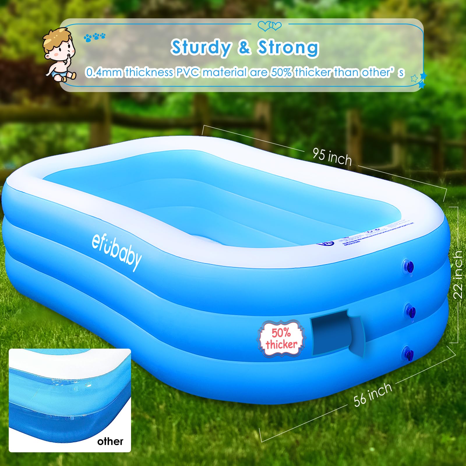 efubaby Inflatable Pool, Full-Sized Swimming Pools 10 ft Blow up Pool Inflatable Pools for Adults Kids Pool for Backyard Pools for Kiddie, Adult Ages 3+ Backyard Ground Outdoor Garden Light Blue 2